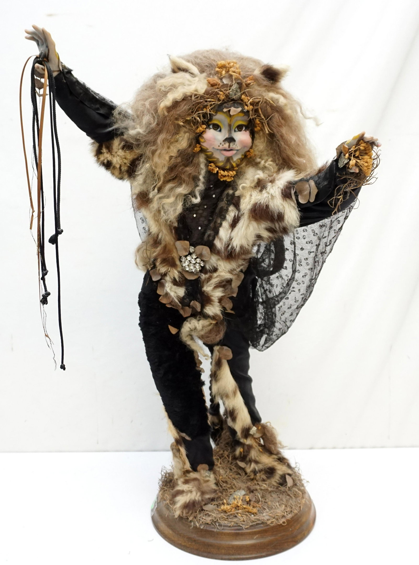 LARGE MARILYN RADZAT OOAK WOODLAND CREATURE: Large Original Handmade Marilyn Radzat OOAK Doll made in 1990. Hand sculpted in Prosculpt clay with glass eyes. The costume is created with antique lace, fur, crystals and dried flowers and leaves. Si