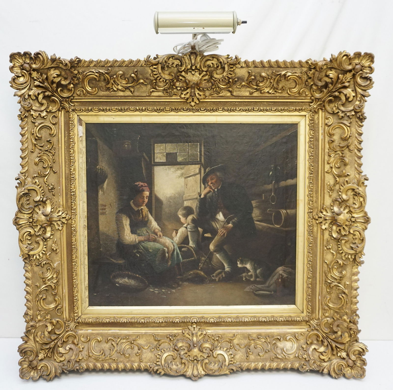 ANTIQUE OIL ON CANVAS DOMESTIC INTERIOR (1 of 8)