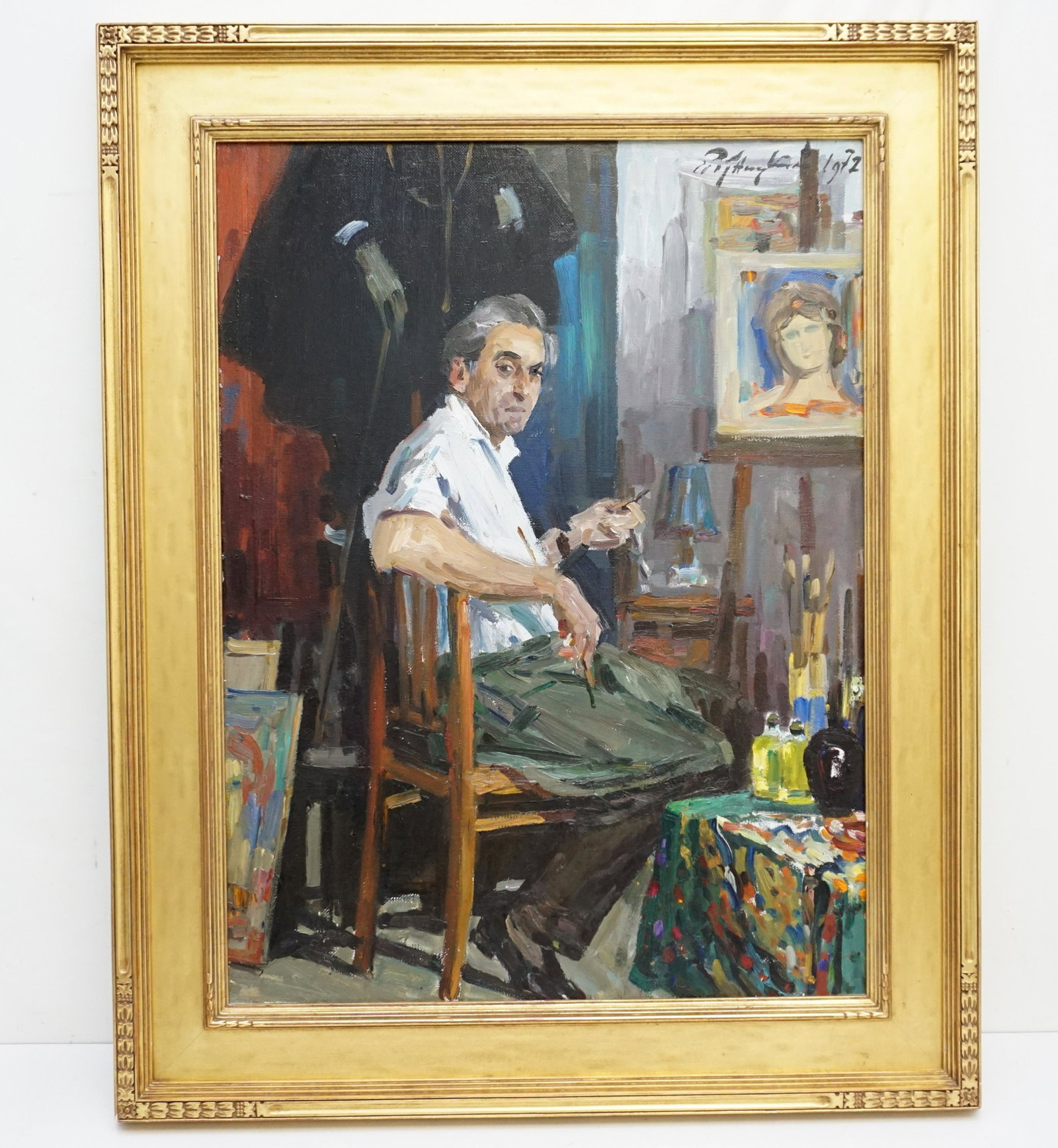 SEMEN ARONOVICH ROTNITSKI (1915-2004) OIL PORTRAIT: Semen Aronovich Rotnitski (russian, 1915-2004) Oil on Canvas Impressionist Portrait. The Portrait is of Brindarov, Restorer of Art at the Russian Museum, 1972. Measures 31"x39 1/2"x2". Weight 15 Pds. 