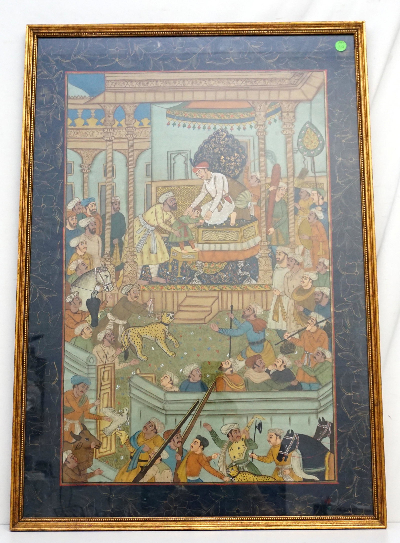A 19TH CENTURY ISLAMIC SCHOOL / INDO PERSIAN MUGHAL: 19th c. Indo-Persian Royal Court Ritual Gouache on Linen. Nicely done and finely detailed. In wood frame. Measures 23"x33 1/4"x1". Weight 9 pds. PROVENANCE: A Charleston Private Estate. NO IN HOUSE SH