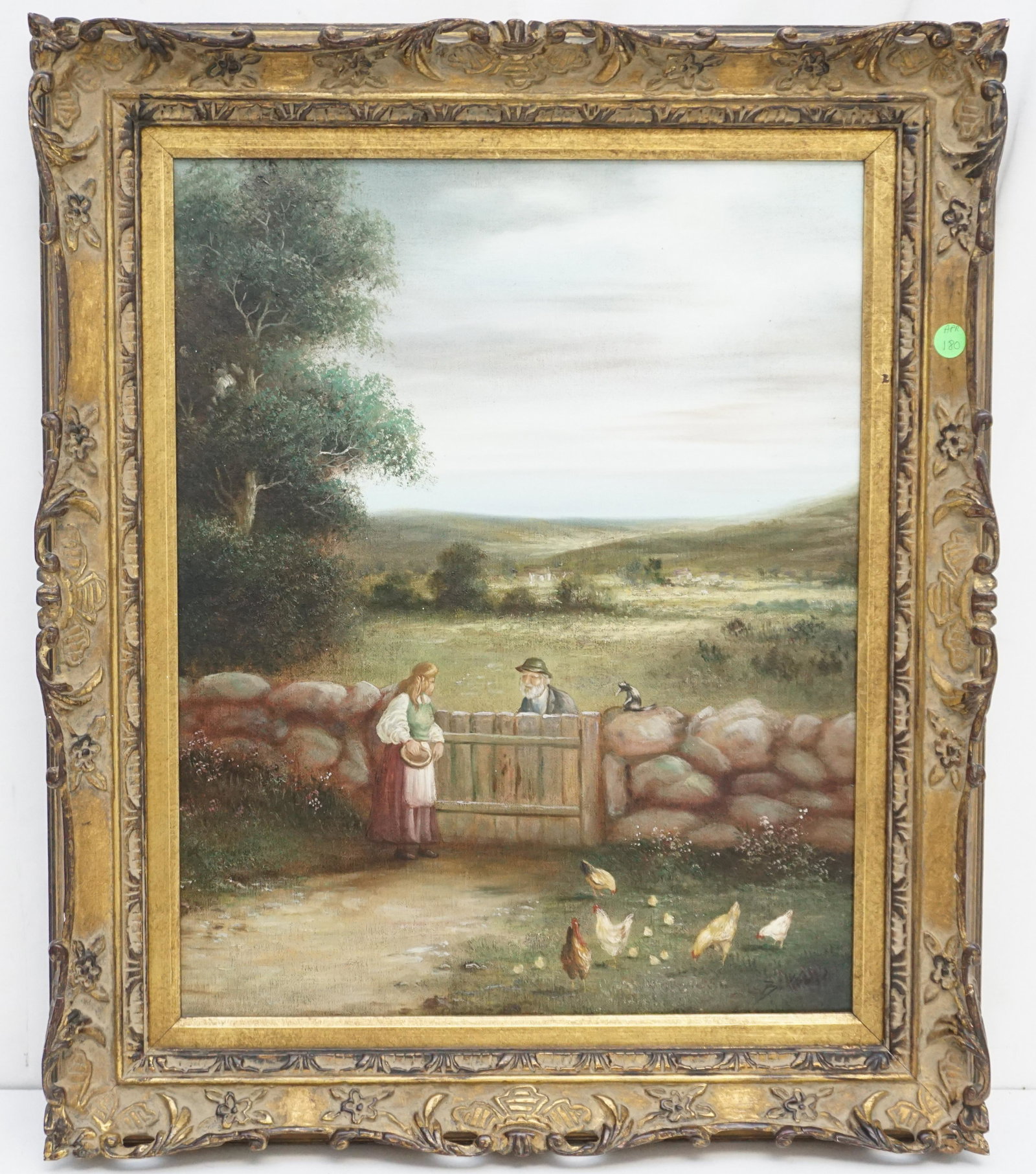 ANTIQUE BILBEN OIL ON CANVAS PASTORAL: Antique Oil on Canvas Pastoral Landscape with Farm Yard. Signed Bilben lower right. In carved Gilt wood Frame 21 1/2"x25"x2 1/2". Weight 5 pds 8 oz. PROVENANCE: A Private Charleston SC Estate.