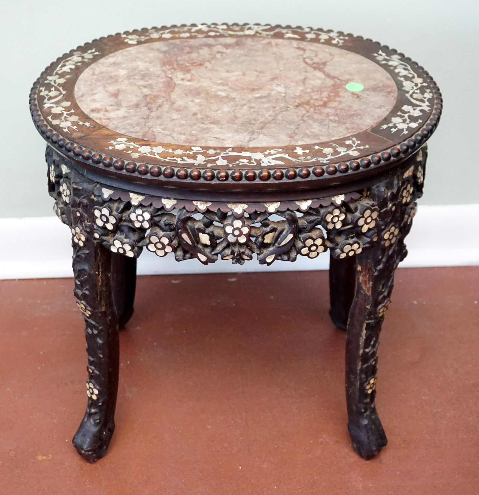INLAID CHINESE CARVED WOOD & MARBLE STAND (1 of 8)