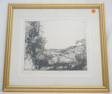 DONALD SHAW MACLAUGHLAN (1876-1938) TENNESSEE ETCHING: Donald Shaw MacLaughlan (American, 1876-1938) "Tennessee" signed in pencil by the artist. Professionally framed and matted. In frame 17"x19"x1". Weight 3 pds. PROVENANCE: A Private Charleston SC Estat