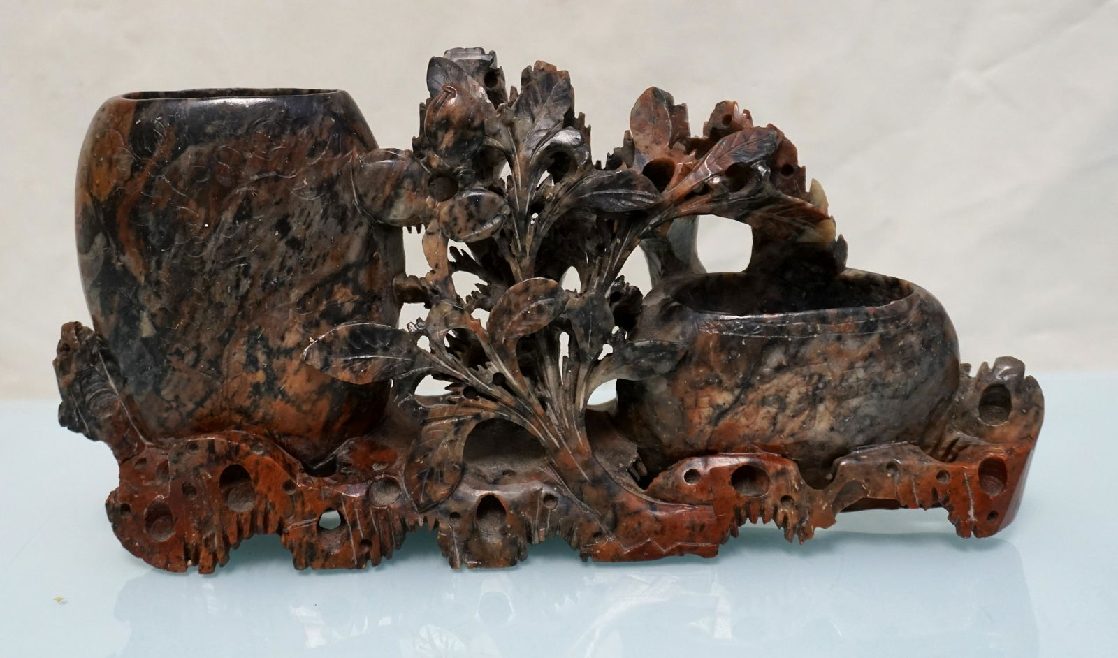 CARVED CHINESE SOAPSTONE DOUBLE BRUSH POT (1 of 7)