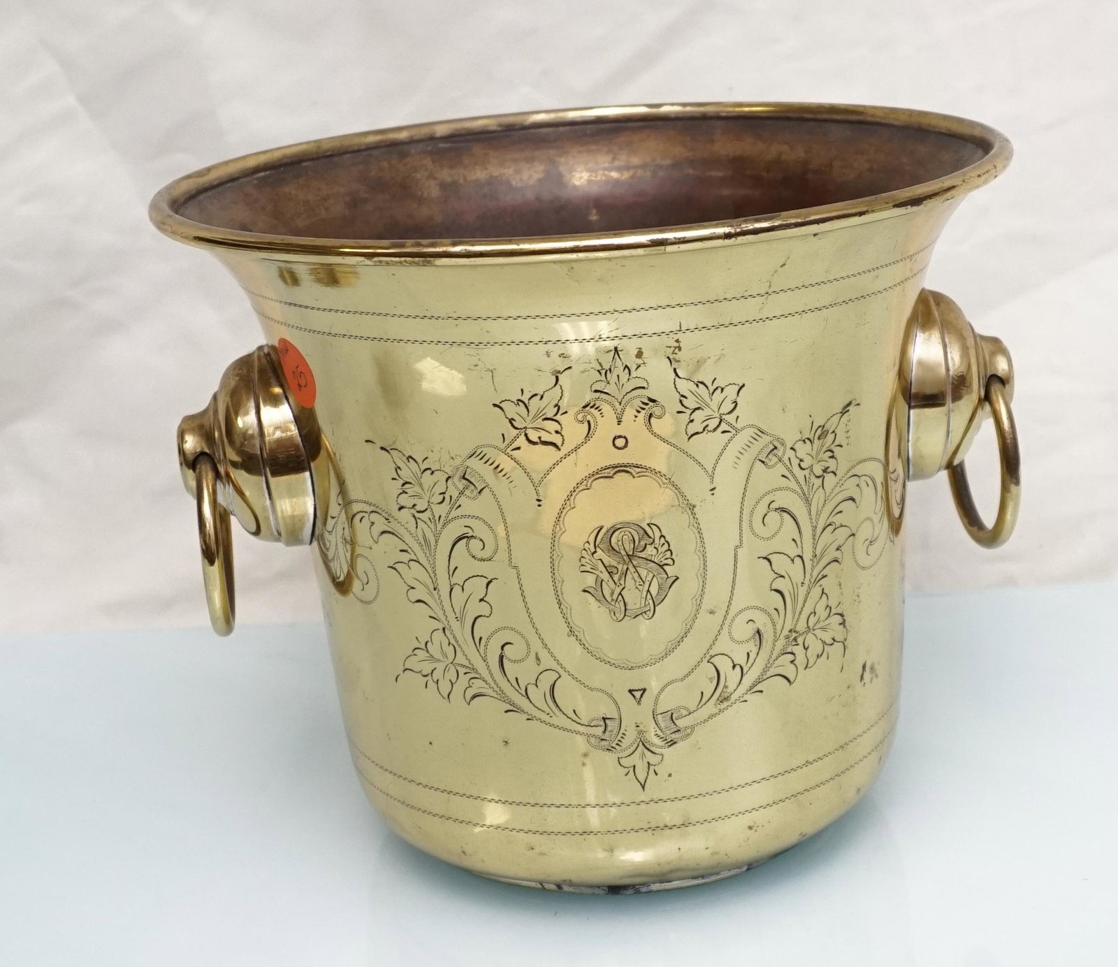 EDWARDIAN BRASS WINE COOLER GERMANY: Edwardian German Brass Wine Cooler by Peters & Steffens, Hamburg. Monogrammed "S".. Measures 9"x9"x7 1/2". Weight 2 pds. PROVENANCE: A Private Charleston SC Estate