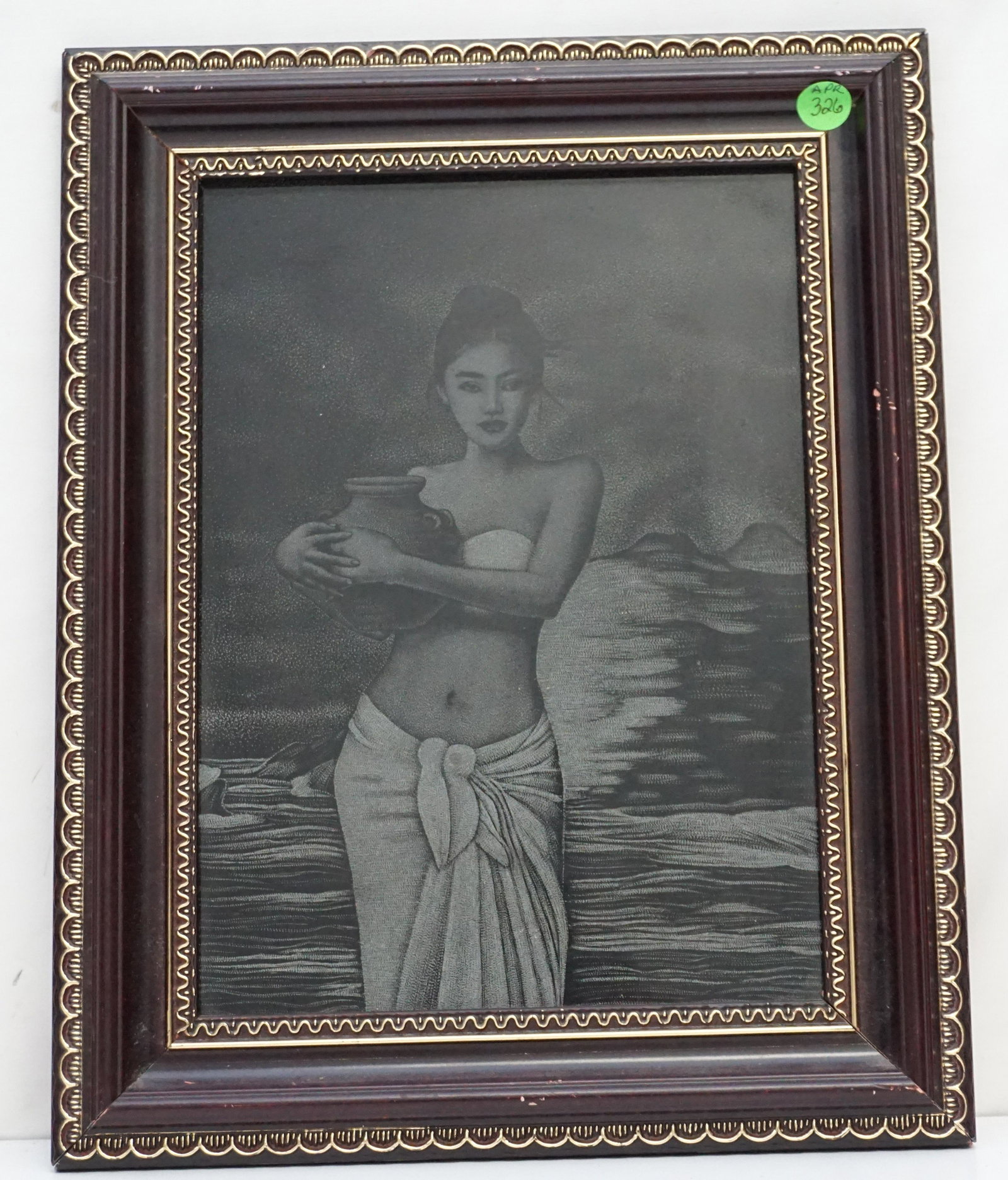ETCHED AND POLISHED SLATE POLYNESIAN BEAUTY: Etched and Polished Slate Polynesian Beauty, Framed. In frame measures 12"x15"x1". Weight 4 pds. PROVENANCE: A Private Charleston SC Estate.