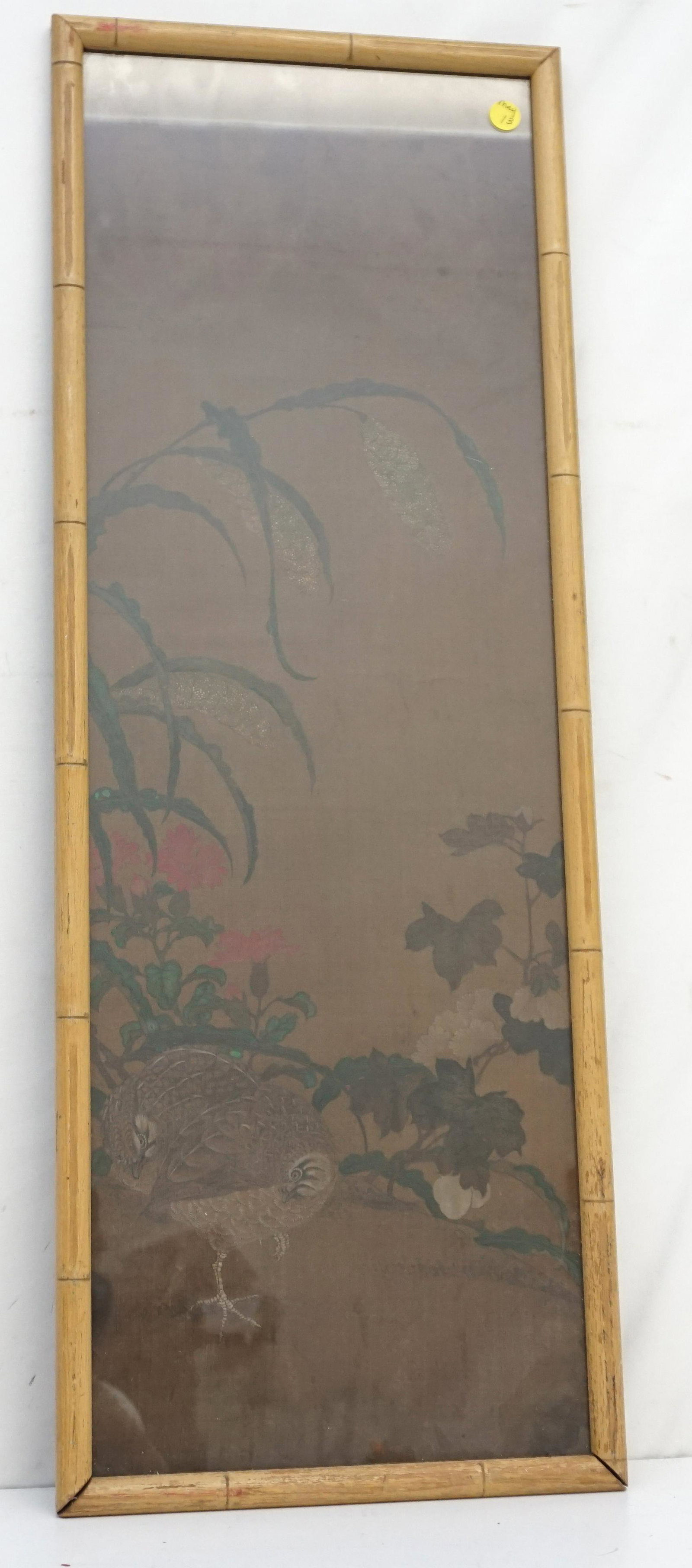 MID CENTURY ASIAN PAINTED PARTRIDGE ON SILK: Mid Century Asian Partridge Hand Painted on Brown Silk in faux Bamboo wood frame. Measures 12"x32"x1". Weight 5 pds. PROVENANCE: A Charleston Private Estate.