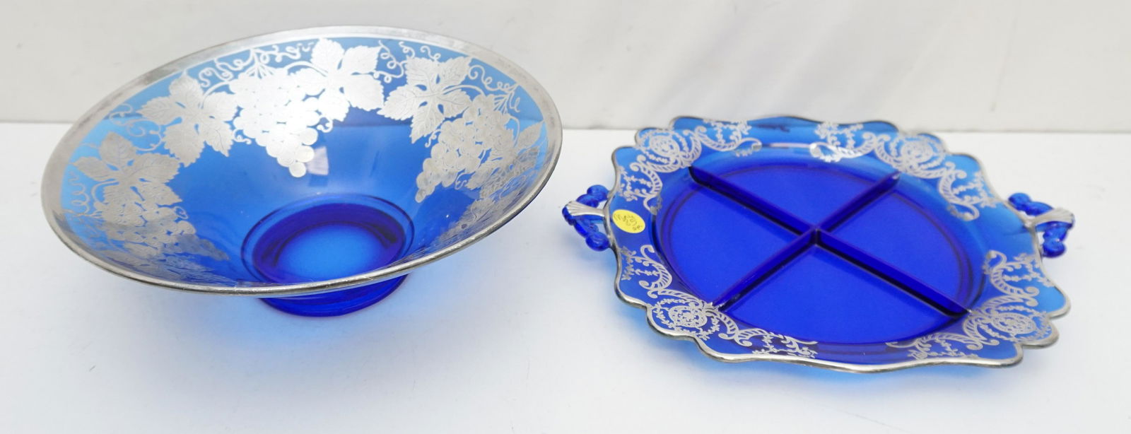 2 VINTAGE COBALT WITH SILVER OVERLAY BOWL & DISH (1 of 5)