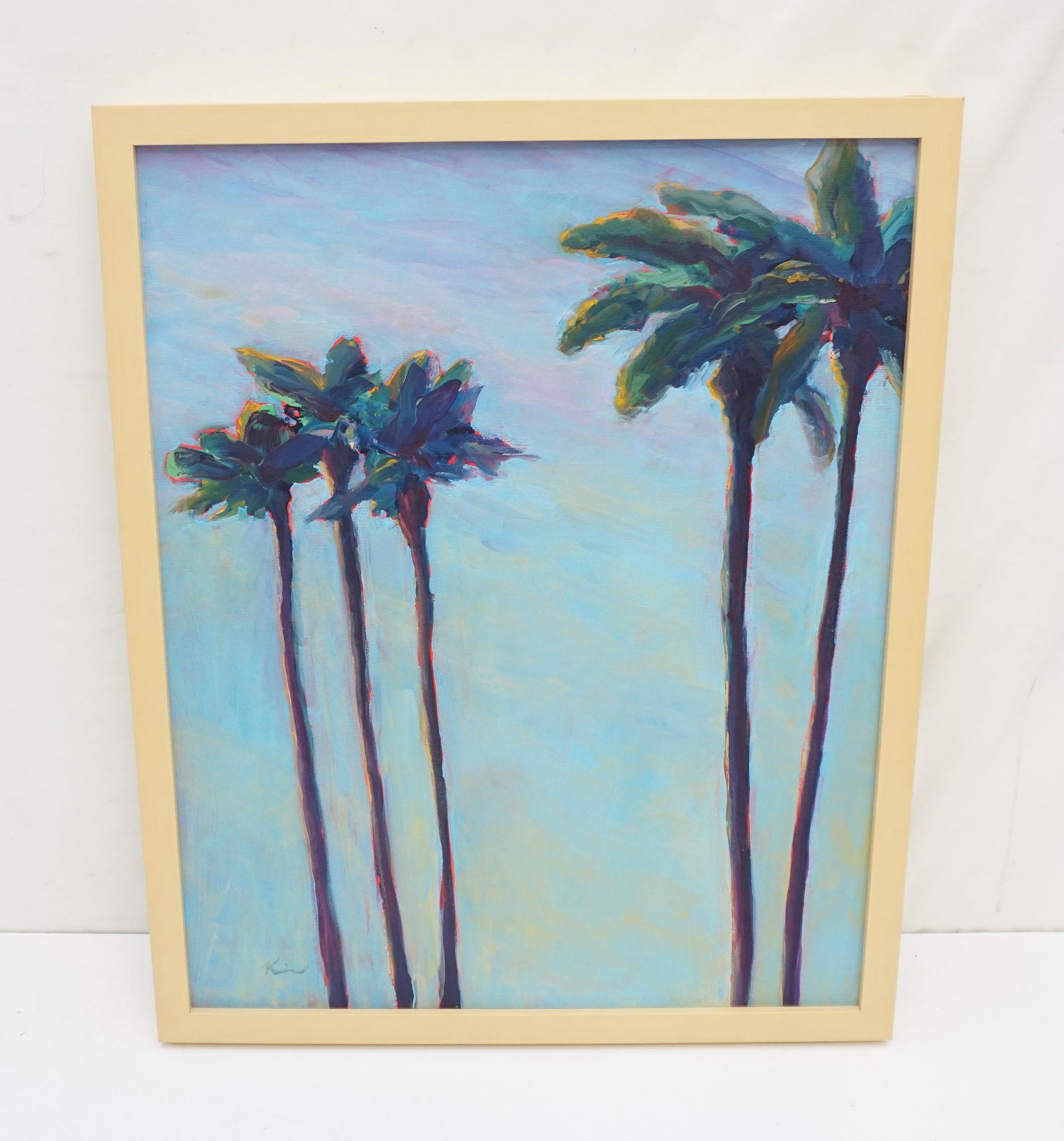 KIRA STEWART PALM TREES OIL ON CANVAS: Original Kira Stewart Oil on Canvas "Ham and Swiss" Palm Trees. Gallery framed. In frame measures 17"x21"x2". Weight 2 pds. Known for her lush, color-drenched oil paintings, Kira Stewarts work is show
