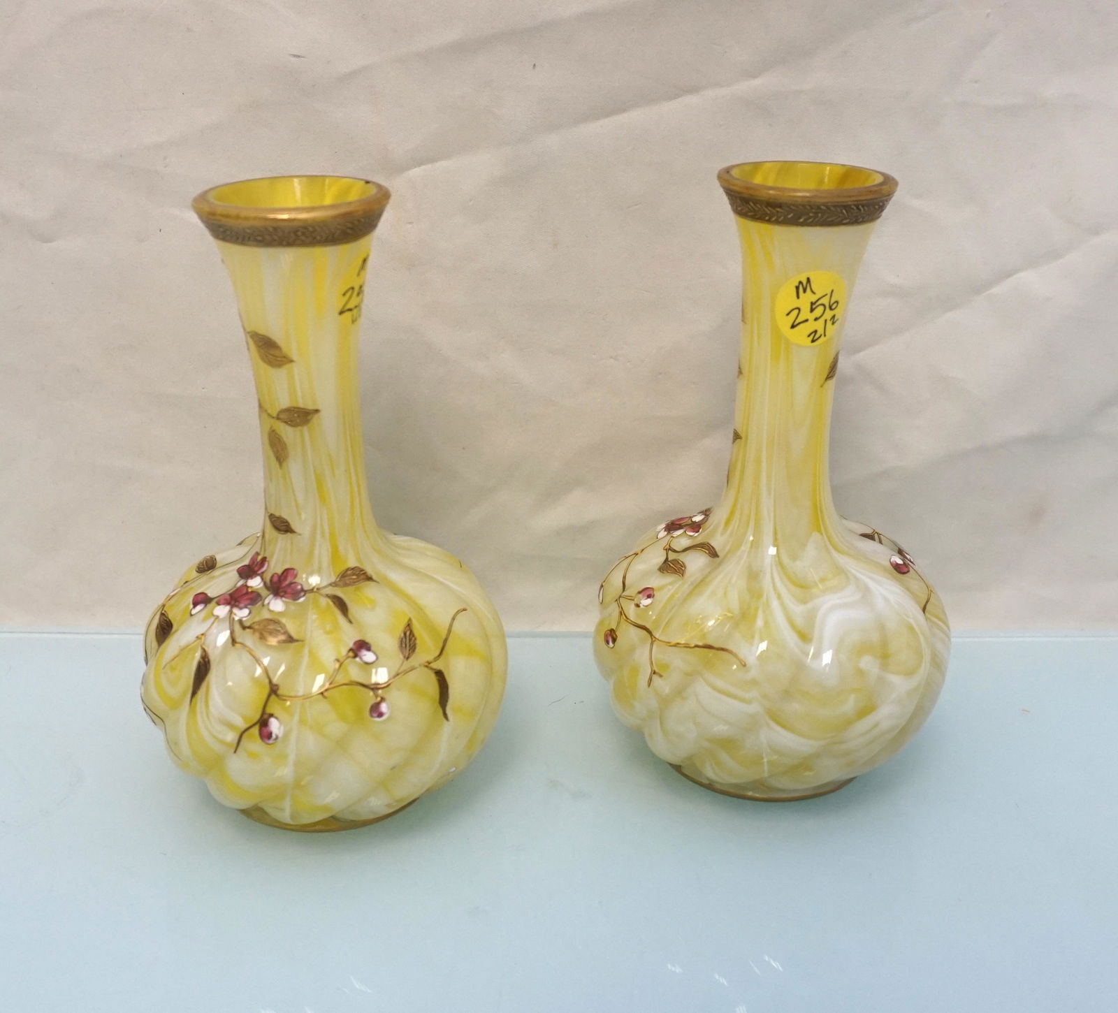 RARE ART NOUVEAU HARRACH LEMON GLASS VASES: Matched Pair of Art Nouveau Variegated Lemon blown glass enameled lobed vases. Each 3 1/2"x3 1/2"x6 1/4". Weight combined 1 pd 7 oz. PROVENANCE: A Charleston Private Estate.