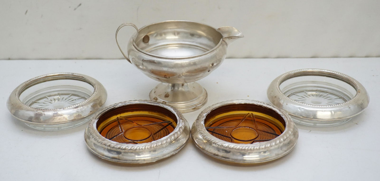 5 pc STERLING COASTERS AND CREAMER (1 of 5)