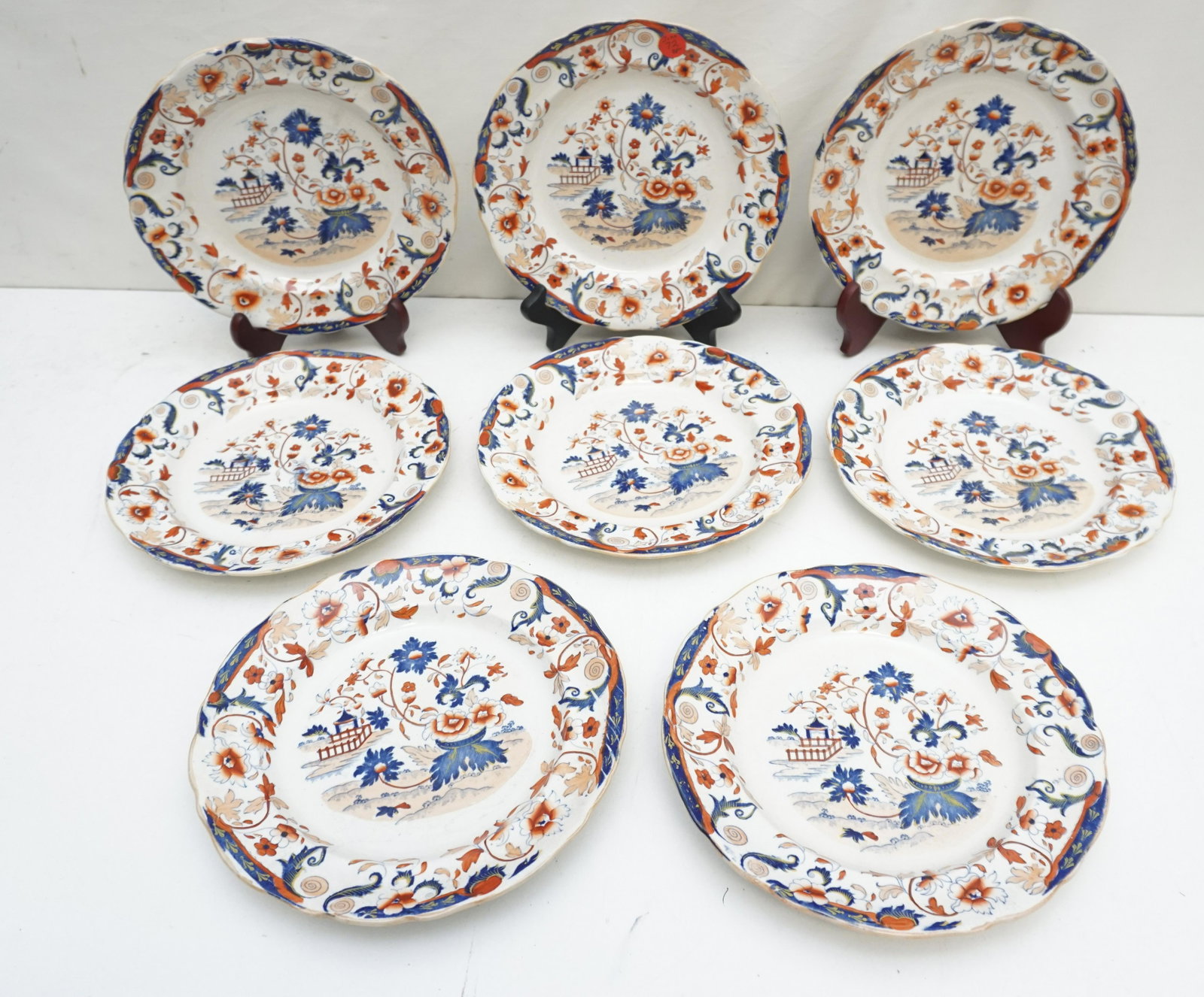 8 ANTIQUE ENGLISH IMARI PLATES: Eight (8) Antique English Imari Ironstone Plates. Unmarked except for the number 327. Each 9". Weight on all 7 pds. PROVENANCE: A Charleston SC Private Estate.