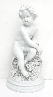 MARBRO LARGE MID CENTURY PORCELAIN CHERUB: Large Mid Century 1950s White Porcelain Cherub, made in France in the style of Capodimonte. Measures 9 1/2"x7"x18". Weight 9 pds 13 oz. The Marbro Lamp Company was established by Morris Markoff and hi