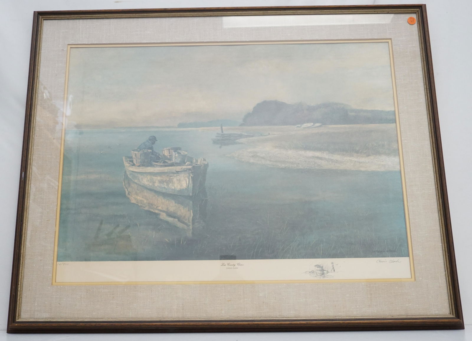 LOW COUNTRY CLAMS CHEVIS CLARK (1922-2012): Chevis Delwin Clark South Carolina (1922-2012 ), LOW COUNTRY CLAMS, color lithograph, framed, signed: lower right, in pencil, image size: H19" W28 1/2". Professionally frame with linen mat. In frame m