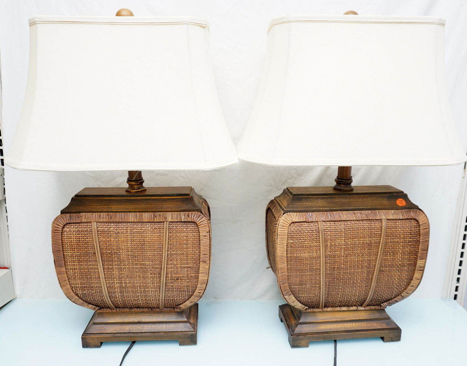 PAIR CONTEMPORARY RATTAN & WOOD LAMPS (1 of 8)