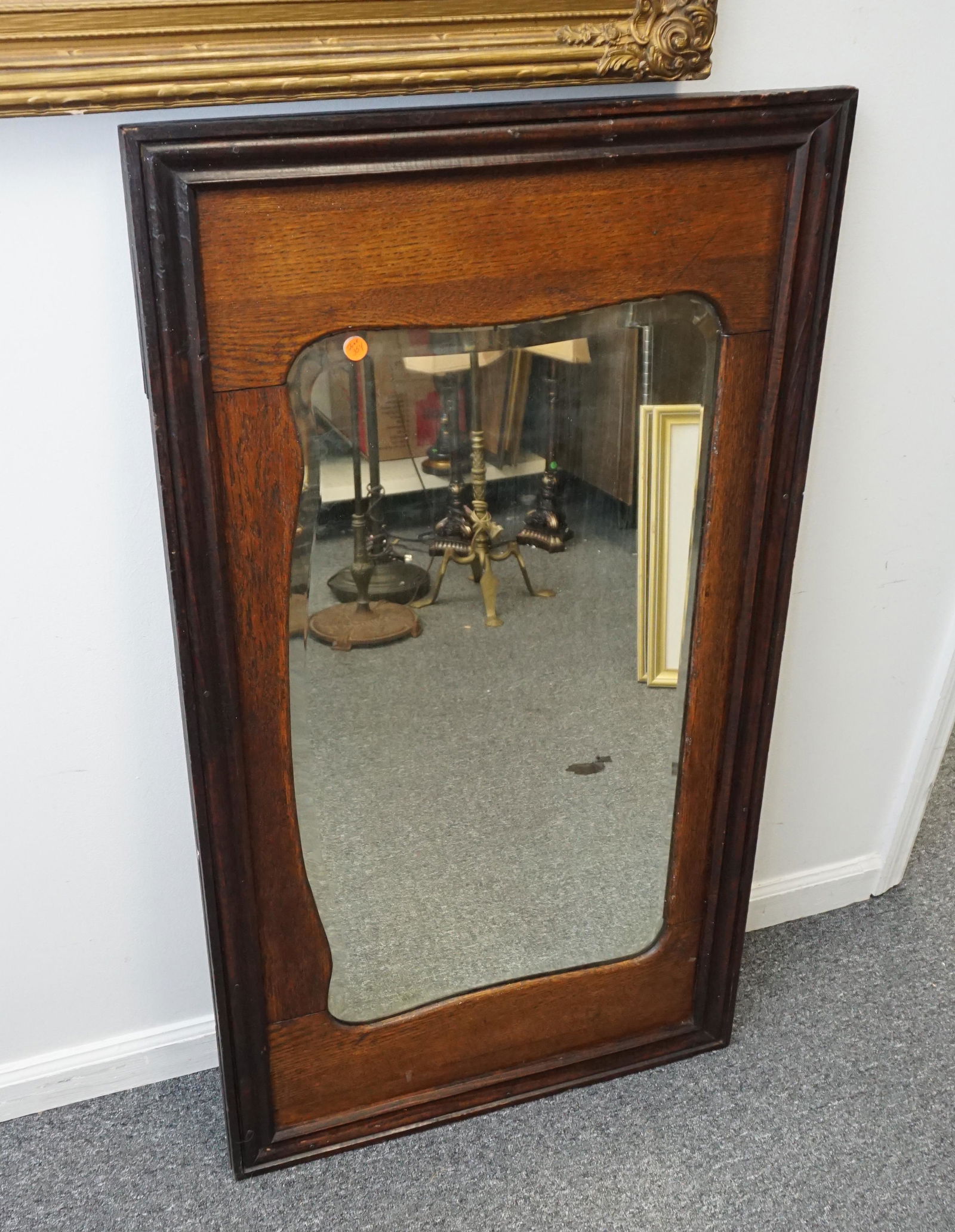 LARGE ANTIQUE OAK AND MAHOGANY FRAMED BEVELED MIRROR (1 of 5)