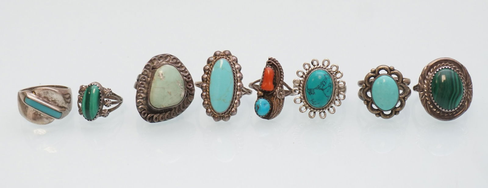 8 NATIVE AMERICAN & MEXICAN STERLING RINGS TURQUOISE + (1 of 4)