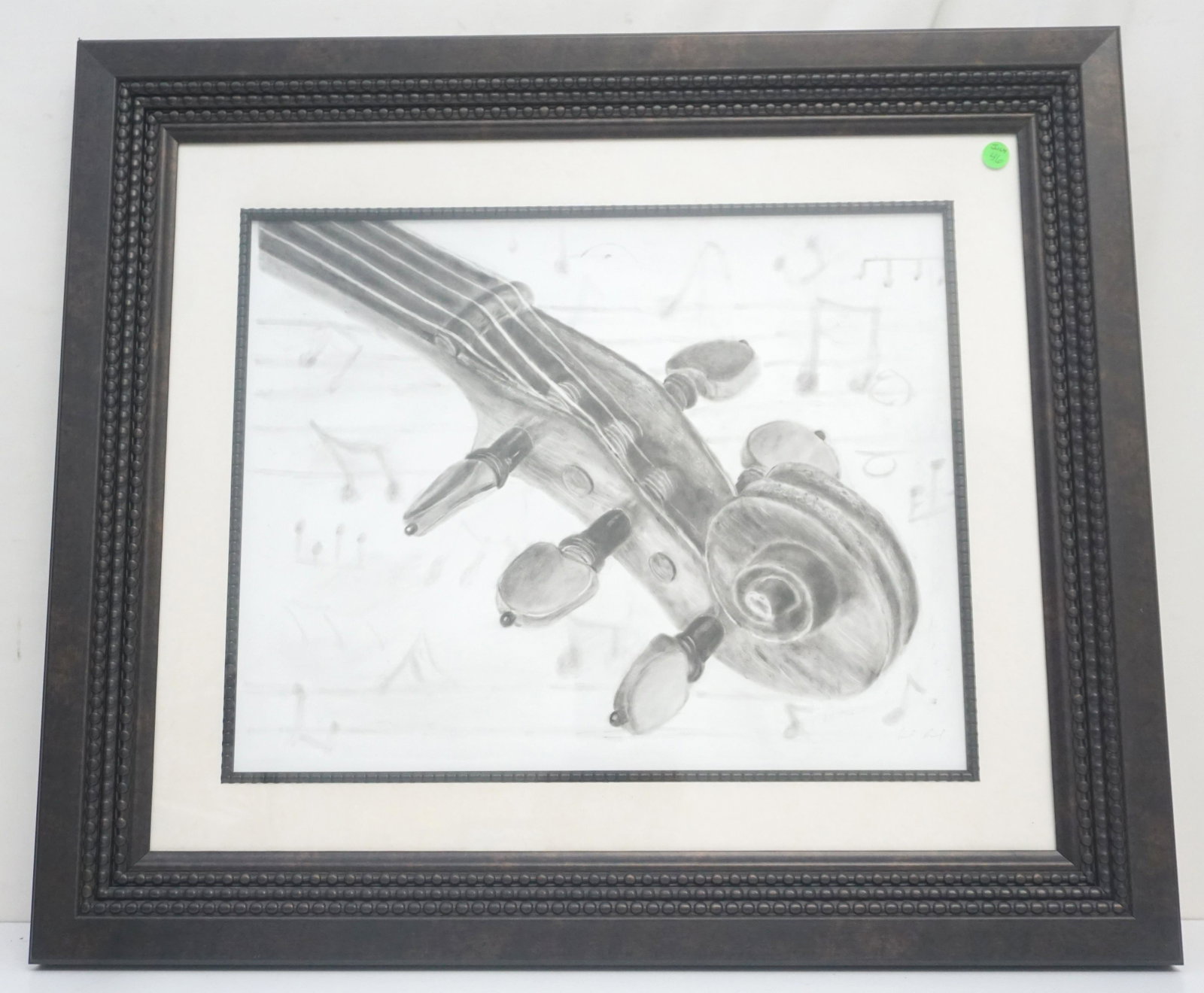 ORIGINAL CHARCOAL CELLO DRAWING: Original Charcoal Cello Drawing. Signed but signature is illegible. Professionally framed and matted. In frame measures 25"x29 1/2"x1 1/2". Weight 11 pds. PROVENANCE: 25 East Battery, Charleston SC. T