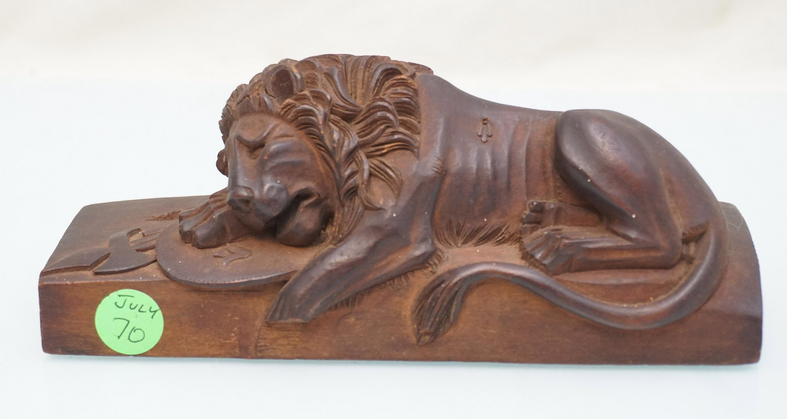 ANTIQUE CARVED LION HELVETIORUM PEN HOLDER: Carved wood Lion Helvetiorum Pen Holder. A dying lion, representing a memorial for the mercenary soldiers from central Switzerland who lost their lives while serving the French King Louis XVI during t