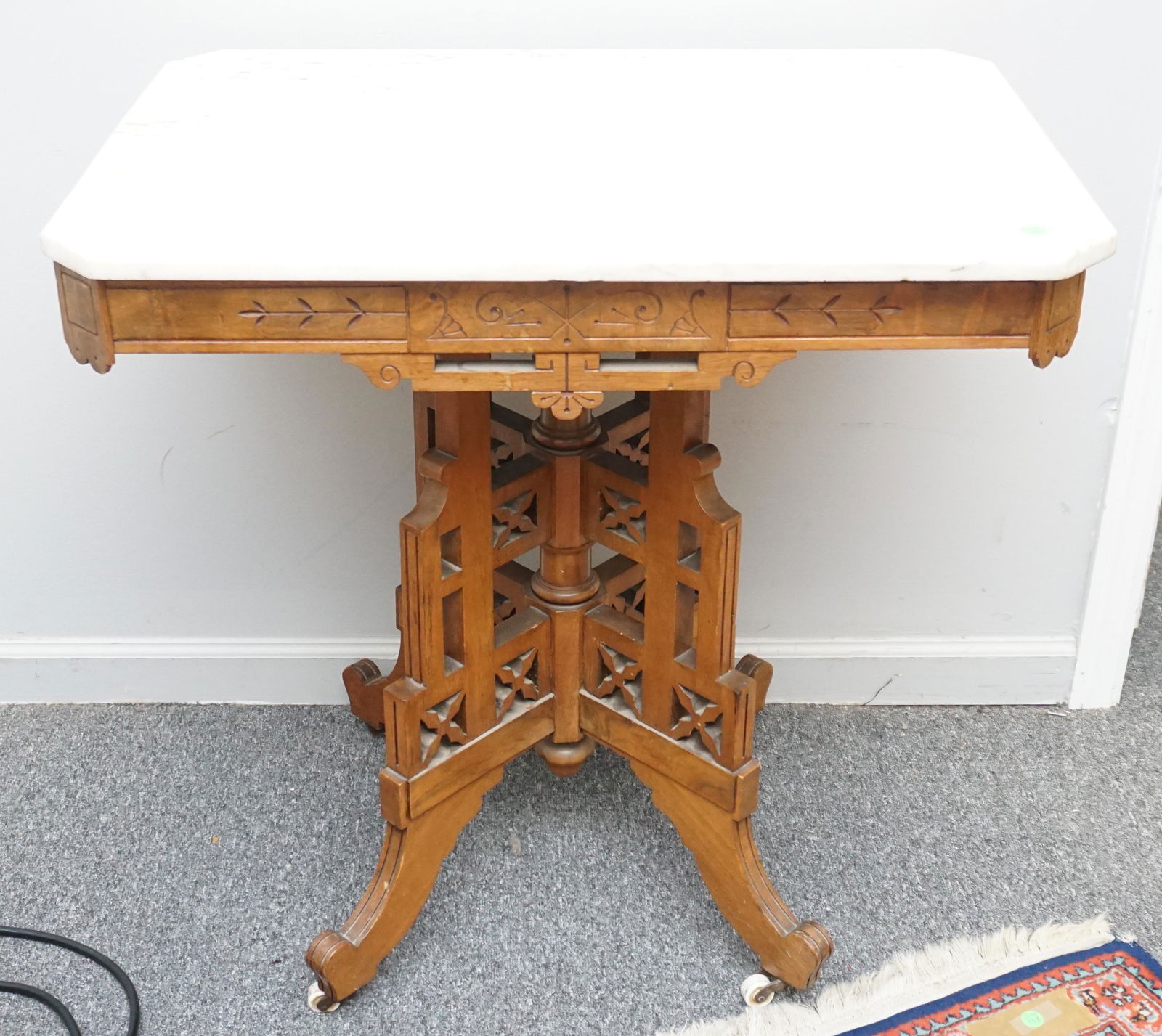 CARVED AMERICAN EASTLAKE MARBLE TOP TABLE (1 of 4)