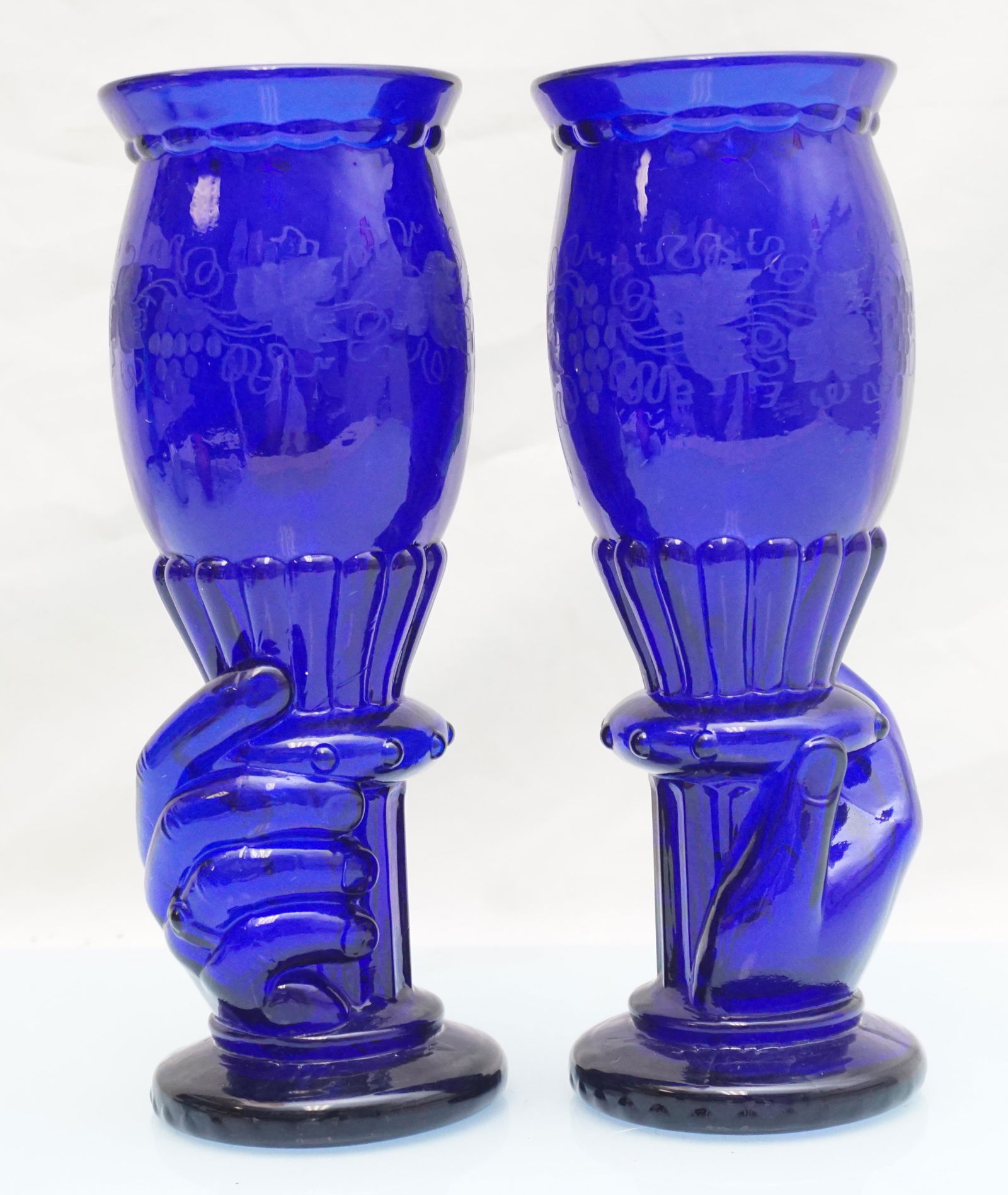 PAIR VICTORIAN BLOWN ETCHED HAND VASES COBALT (1 of 7)