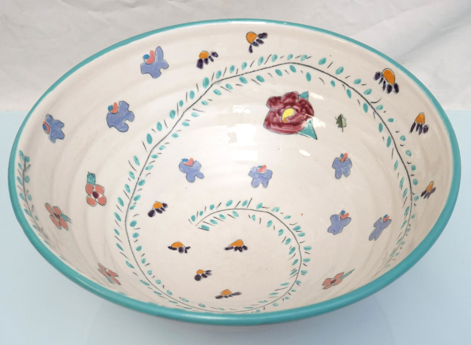 LARGE HAND PAINTED TERRACOTTA POTTERY BOWL (1 of 6)