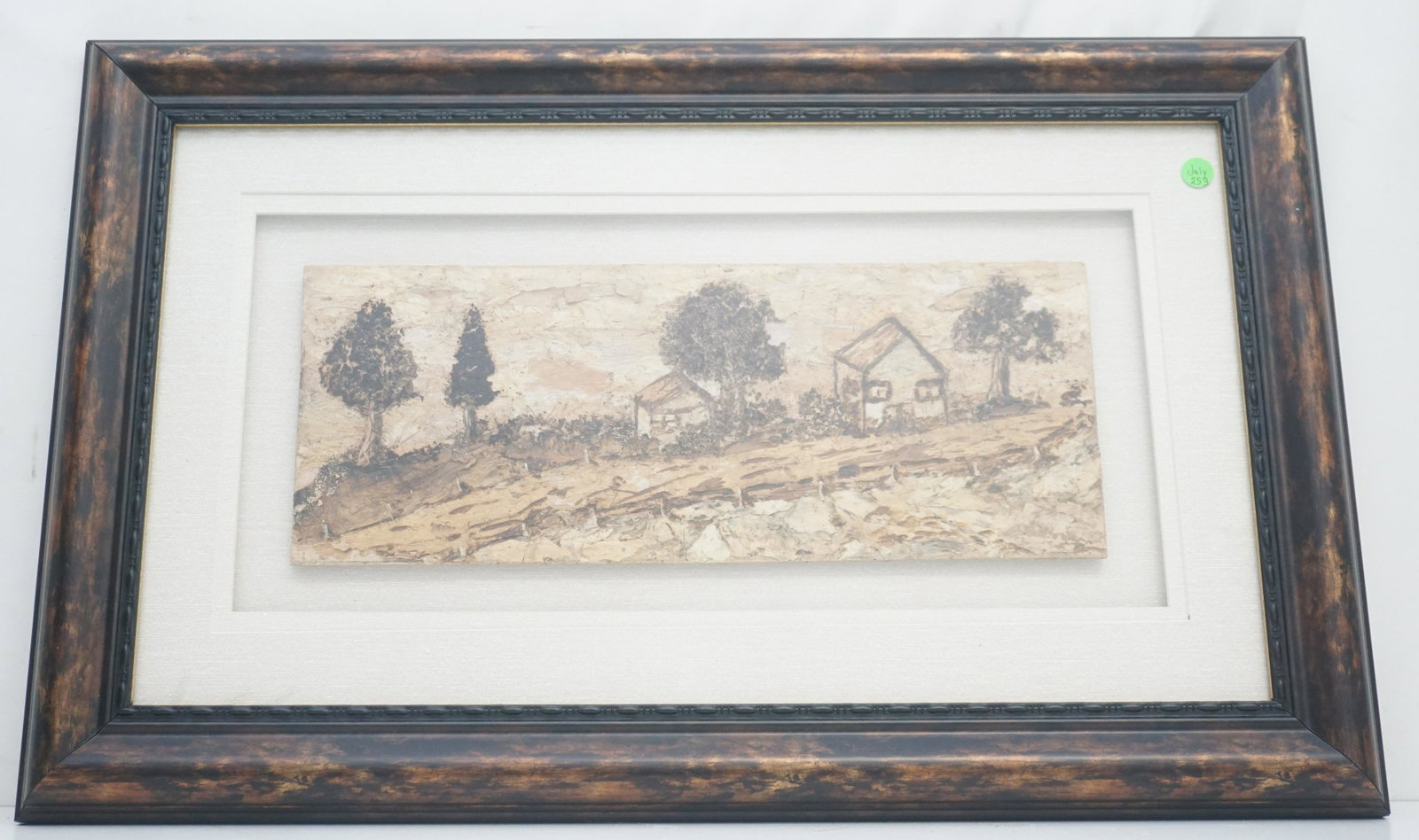 AUSTRALIAN BARK ART FRAMED: Australian Bark Art. Country Lane and Cottage. Professionally framed and matted. In frame measures 29"x18 1/2"x1 1/2". Weight 7 pds 9 oz. PROVENANCE: A Charleston Private Estate.