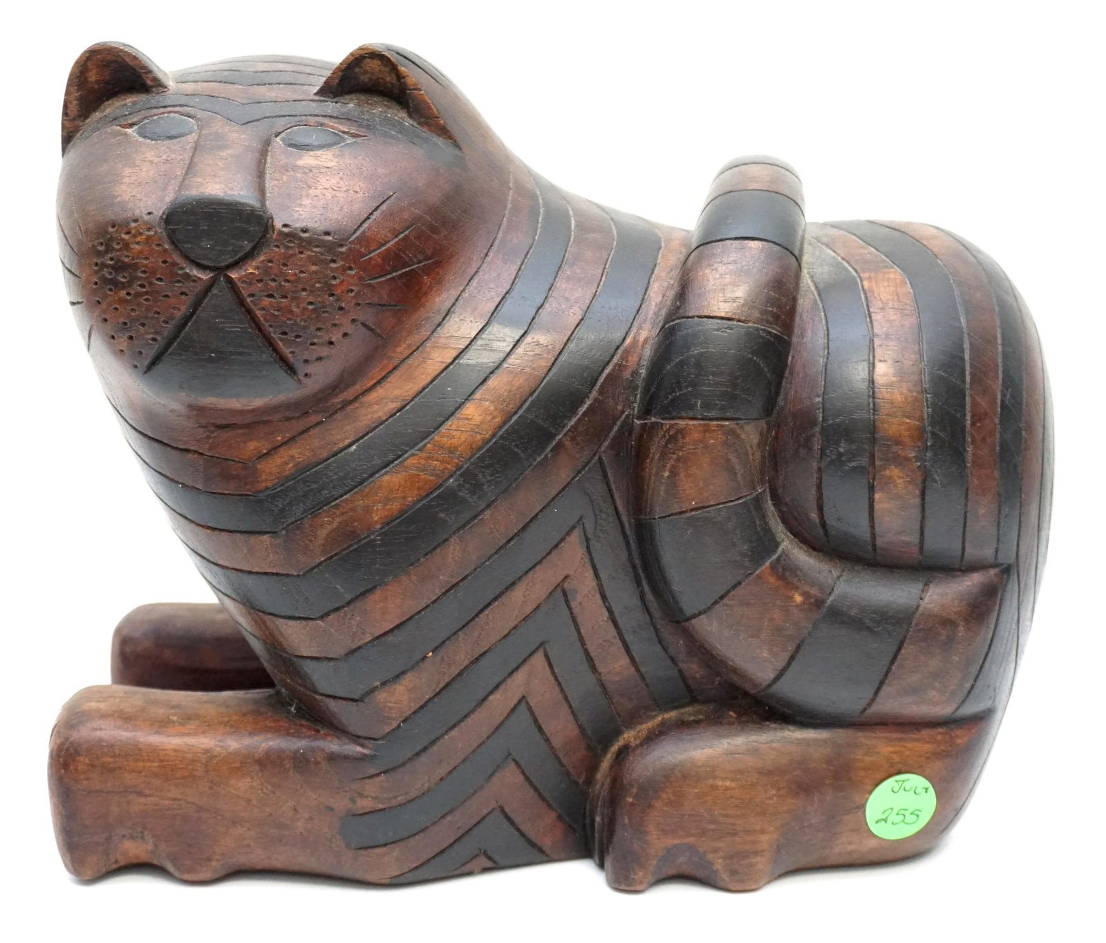 LARGE WOOD CARVED CAT WITH SECRET BOX: Large Carved Wood Striped Cat. When you turn him over there is a hidden box accessed by a sliding panel. Measures 10"x6"x8 1/2". Weight 6 pds 9 oz, PROVENANCE: A Charleston SC Private Estate.