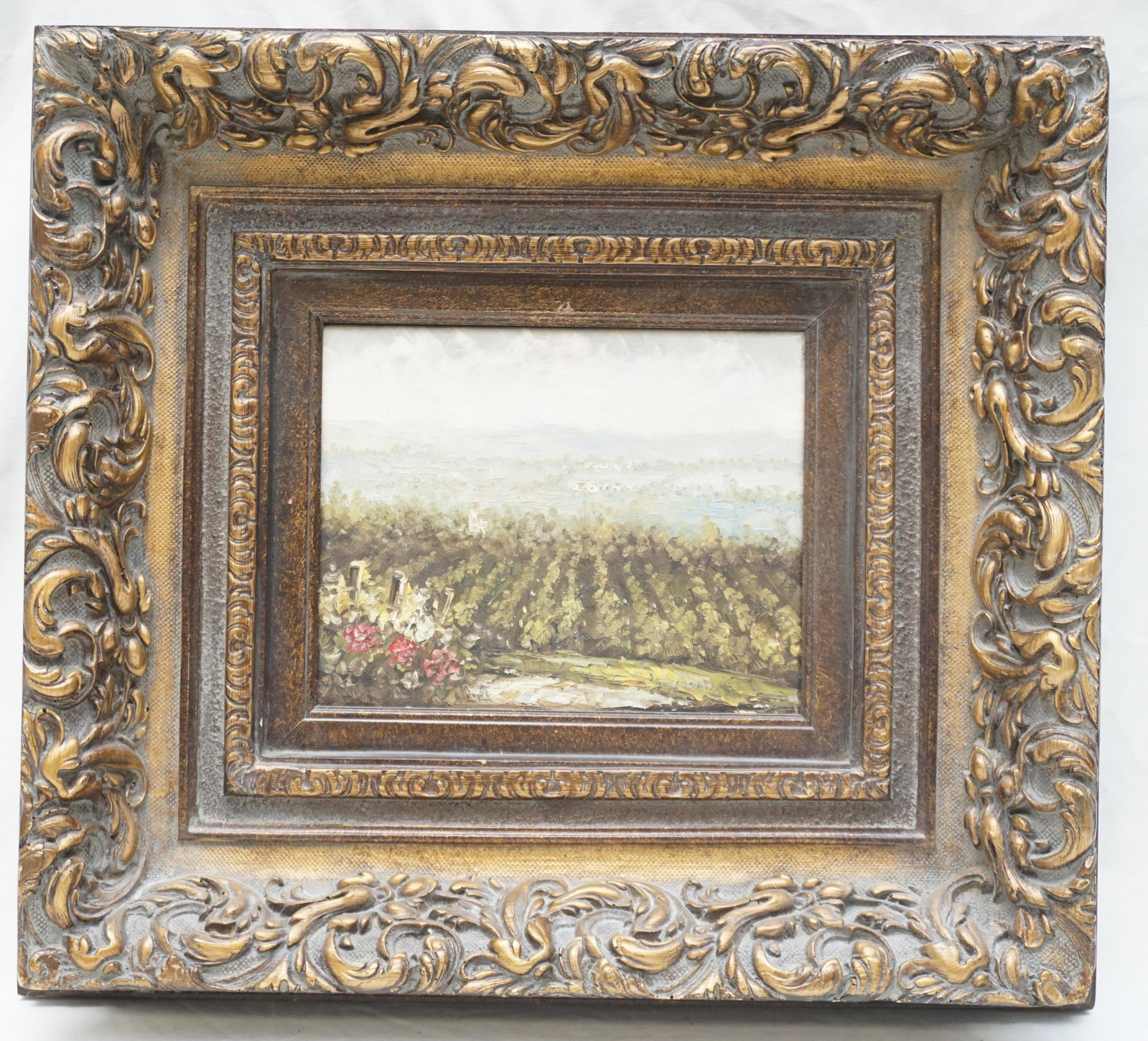 VINEYARD OIL PAINTING ORNATE FRAME: 20th c. Contemporary Impressionist Oil on Canvas "Vineyard". In Ornate Frame. In frame measures 21"x20"x3". Weight 6 pds. PROVENANCE: A Charleston SC Private Estate.