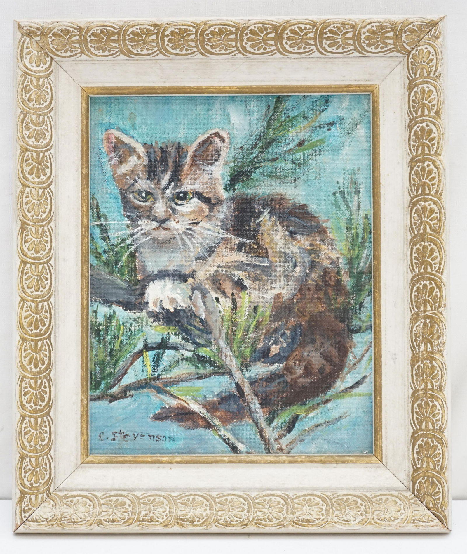 UP A TREE CONNIE STEVENSON PAINTING: Vintage Connie Stevenson (20th c., Pennsylvania) "Up a Tree" Acrylic on Canvas Panel. Painted wood frame. Measures 11 1/4"x13 1/4"x1 1/2". Weight 1 pd 5 oz. PROVENANCE: A Charleston SC Private Estate.