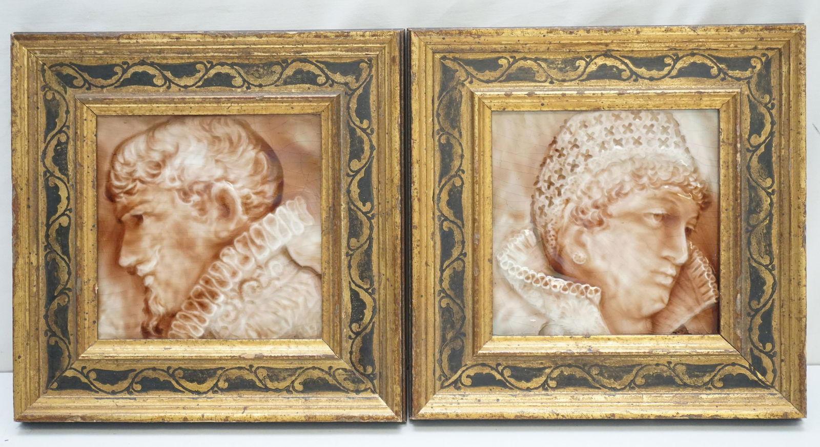 PAIR ANTIQUE FRAMED HAND PAINTED TILES RUBINER GALLERY (1 of 4)
