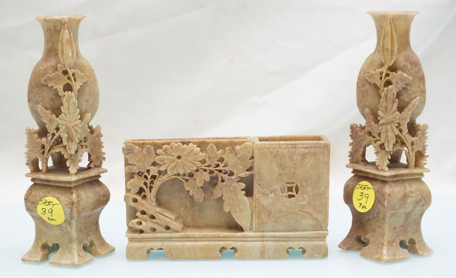 3 PC CARVED SOAPSTONE VASES & STAMP / CARD HOLDER (1 of 5)