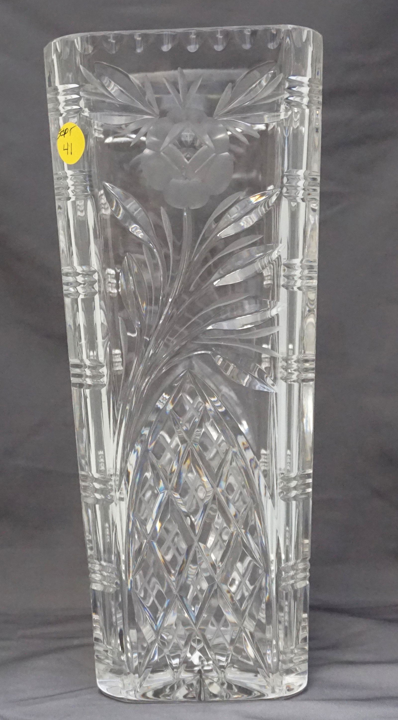 LARGE CUT & ETCHED CRYSTAL SQUARE VASE (1 of 9)