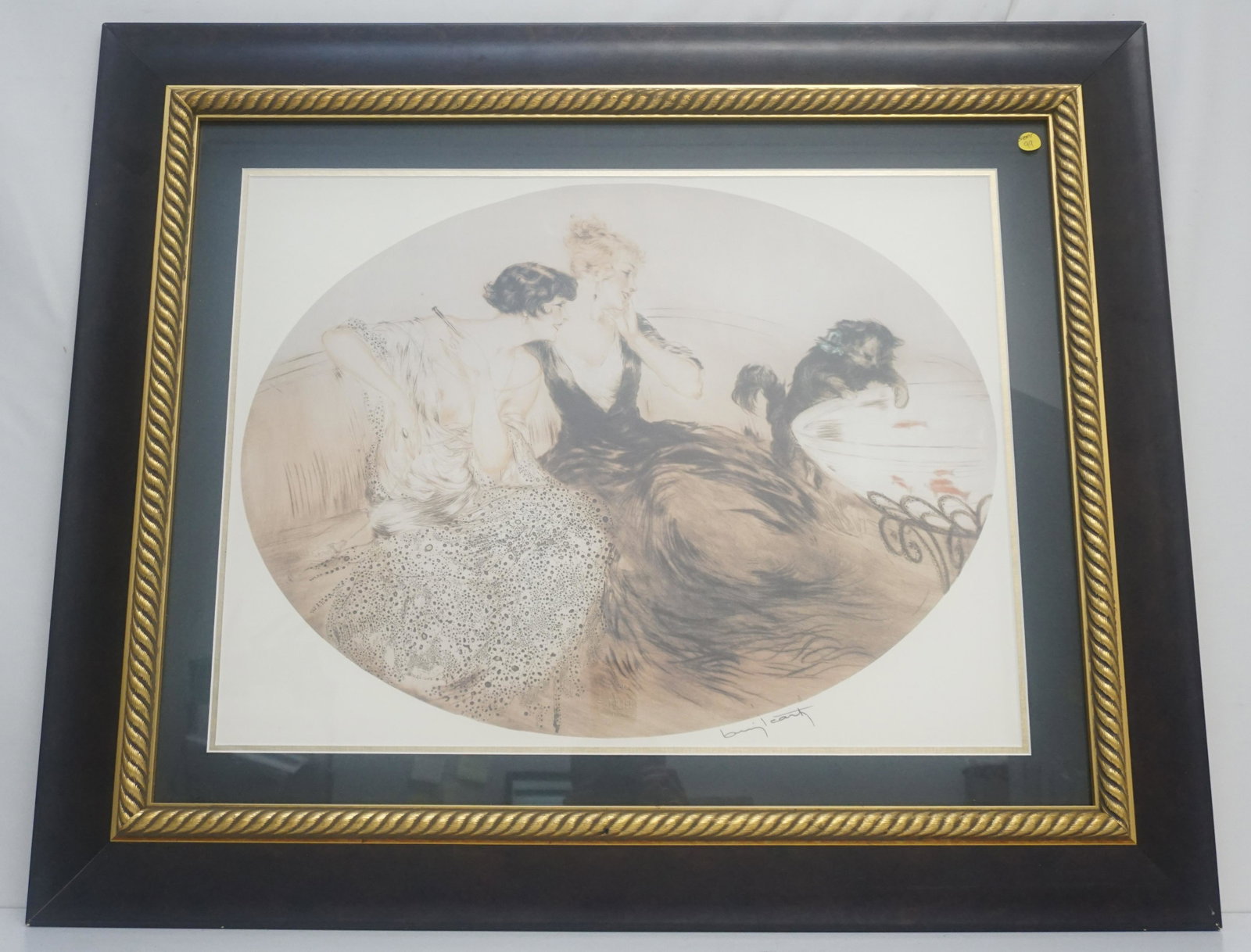 LOUIS ICART FISHING PRINT FRAMED: Louis Icart "Fishing" Print. Stamped Atelier 1908. Professionally framed and matted. Measures 36"x30"x2". Weight 12 pds. PROVENANCE: A Private Charleston SC Estate.Pickup only or Shipping on this item