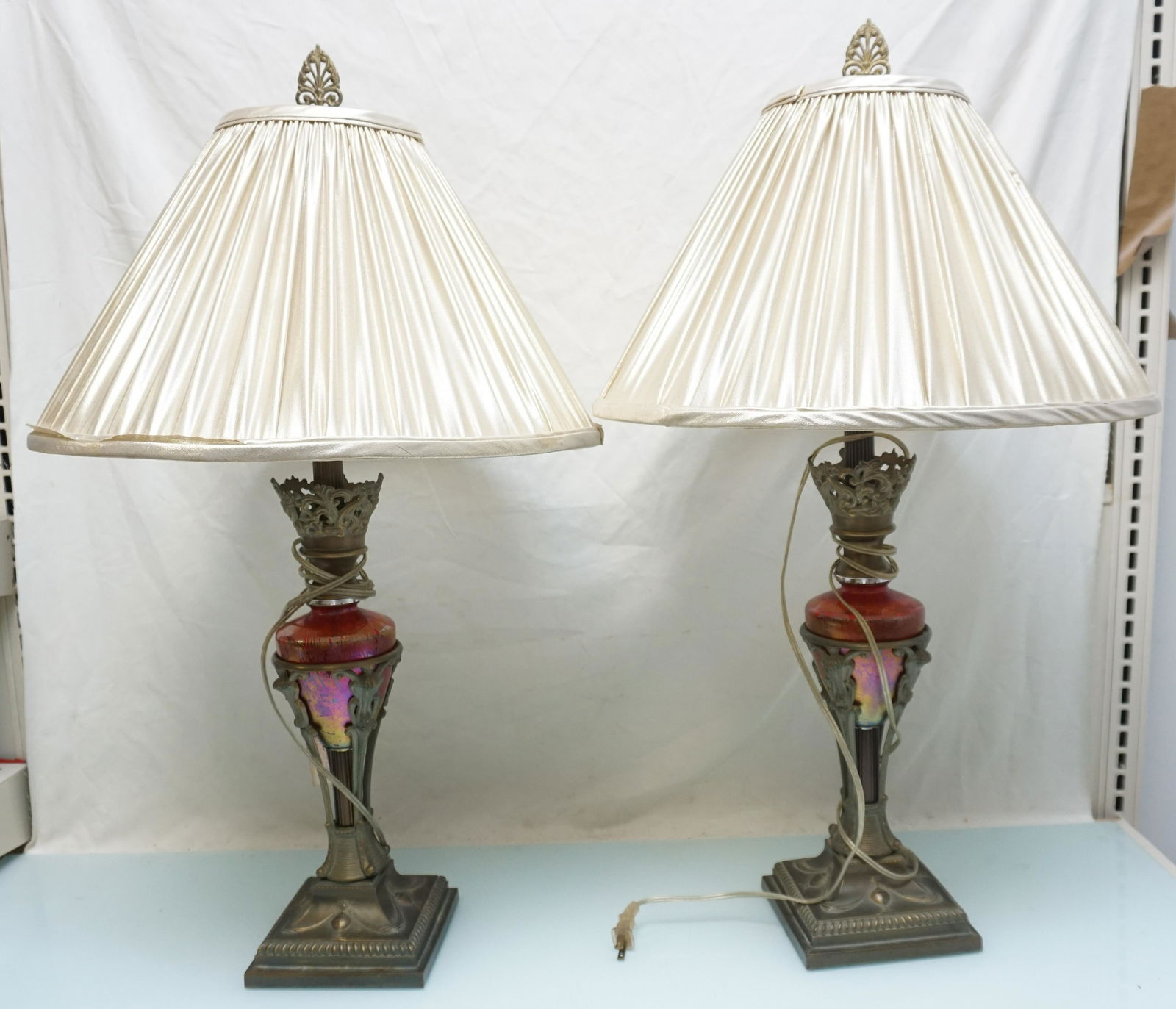 PAIR ANTIQUE BRONZE AND IRIDESCENT GLASS TABLE LAMPS (1 of 9)