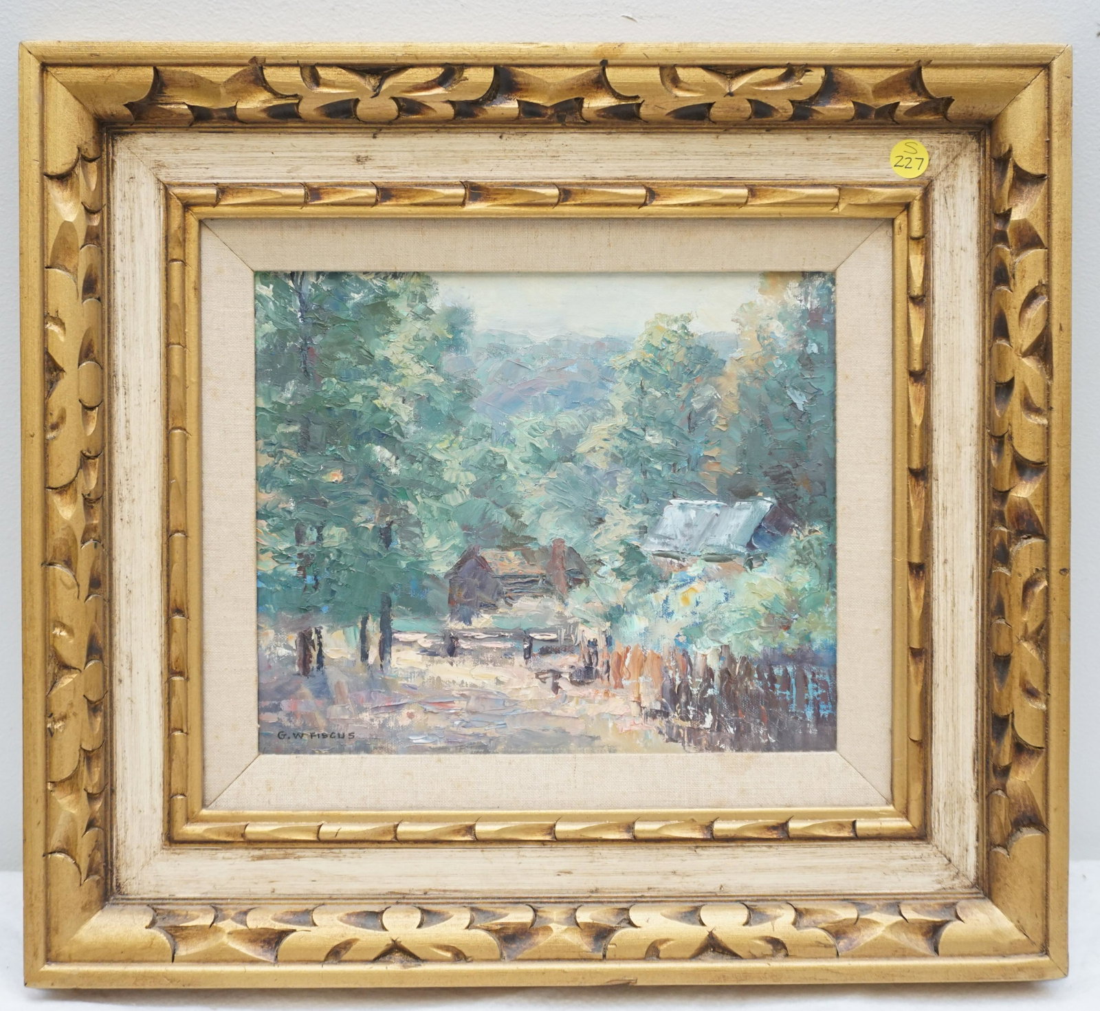 GORDON FISCUS (1902-2005) "SUMMER CABIN" BROWN COUNTY: Gordon Fiscus (1902-2005) Original Oil on Canvas Board "Summer Cabin" Brown County, Indiana. Signed lower left. Measures in frame 20"x28"x2". Just canvas board 10"x12". Weight 3 pds. The remarkable la
