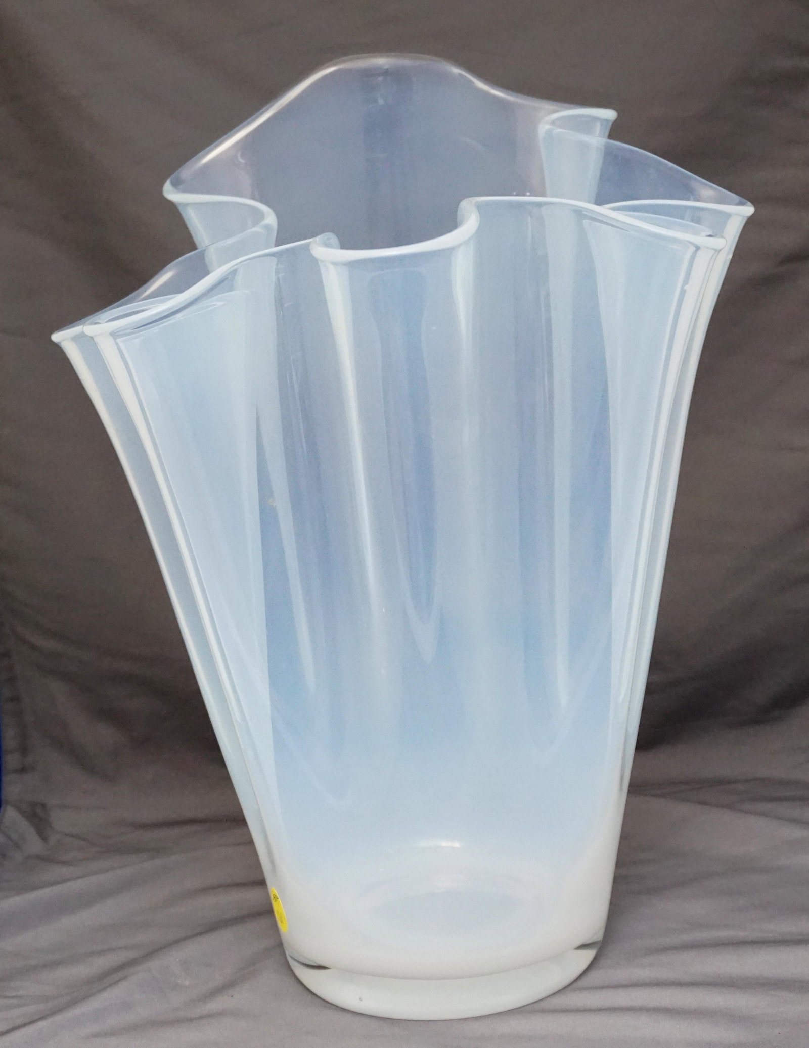 LARGE OPALESCENT GLASS HANDKERCHIEF VASE: Large Blown Opalescent Glass Handkerchief Vase. Measures 11"x11"x15" tall. Weight 6 pds 5 oz. PROVENANCE: A Private Charleston SC Estate. NO IN HOUSE SHIPPING. *******Pickup or Shipping on this item o