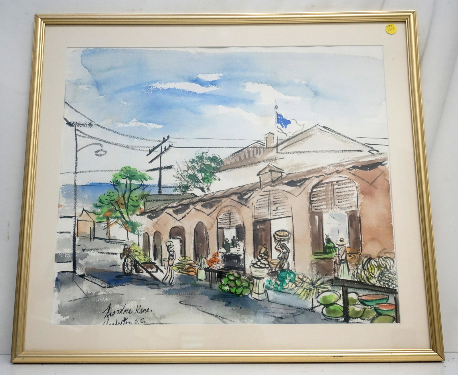 THEODORA KANE (1906-1977) CHARLESTON MARKET WATERCOLOR: Theodora Kane (1906 - 1977) Original Watercolor "Charleston Market". In frame measures 23"x26"x1". Weight 6 pds. Theodora Kane (1906 - 1977), an artist and art teacher who was active in Washington for