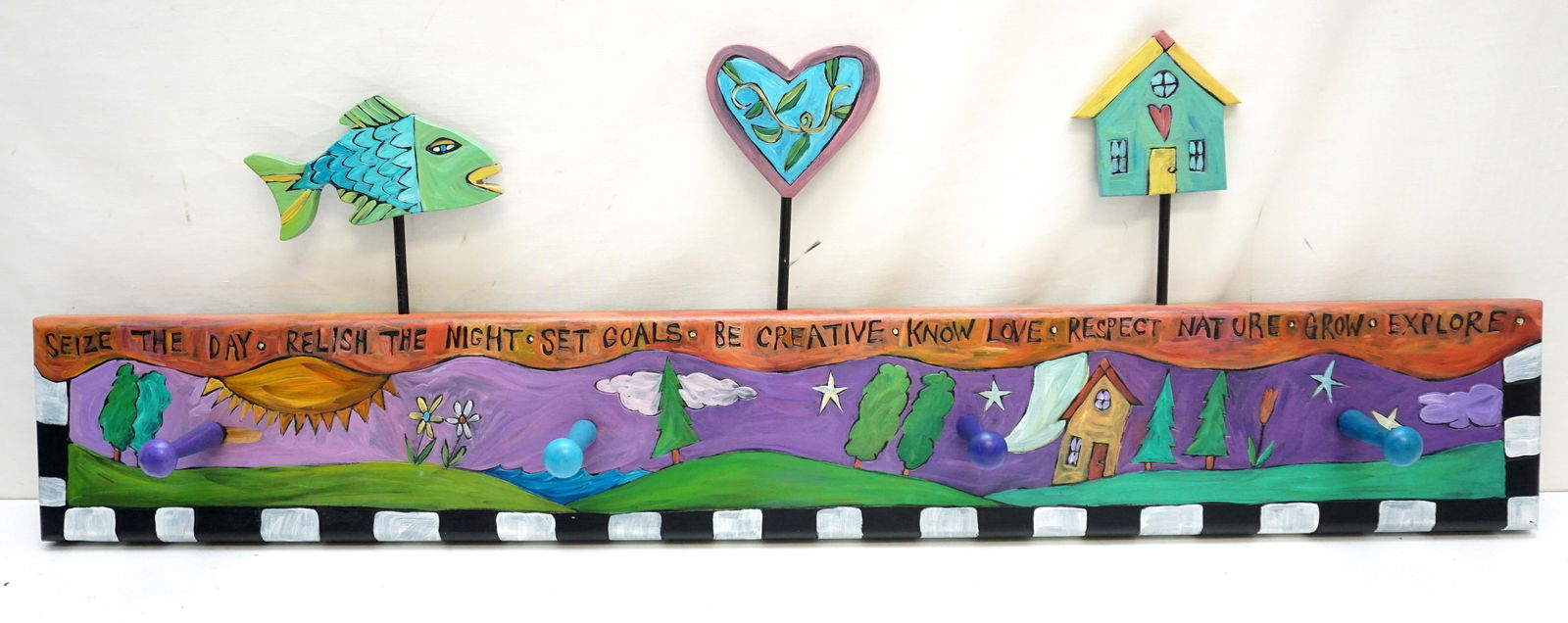 STICKS (SARAH GRANT) HANDMADE COAT RACK: Handmade, Hand Painted Sticks (Sarah Grant) Coat Rack with Pegs for 4 Coats. All pieces are crafted from birch or poplar. Measures 12" high, 4" deep, 36" long. Weight 5 pds. PROVENANCE: A Private Char