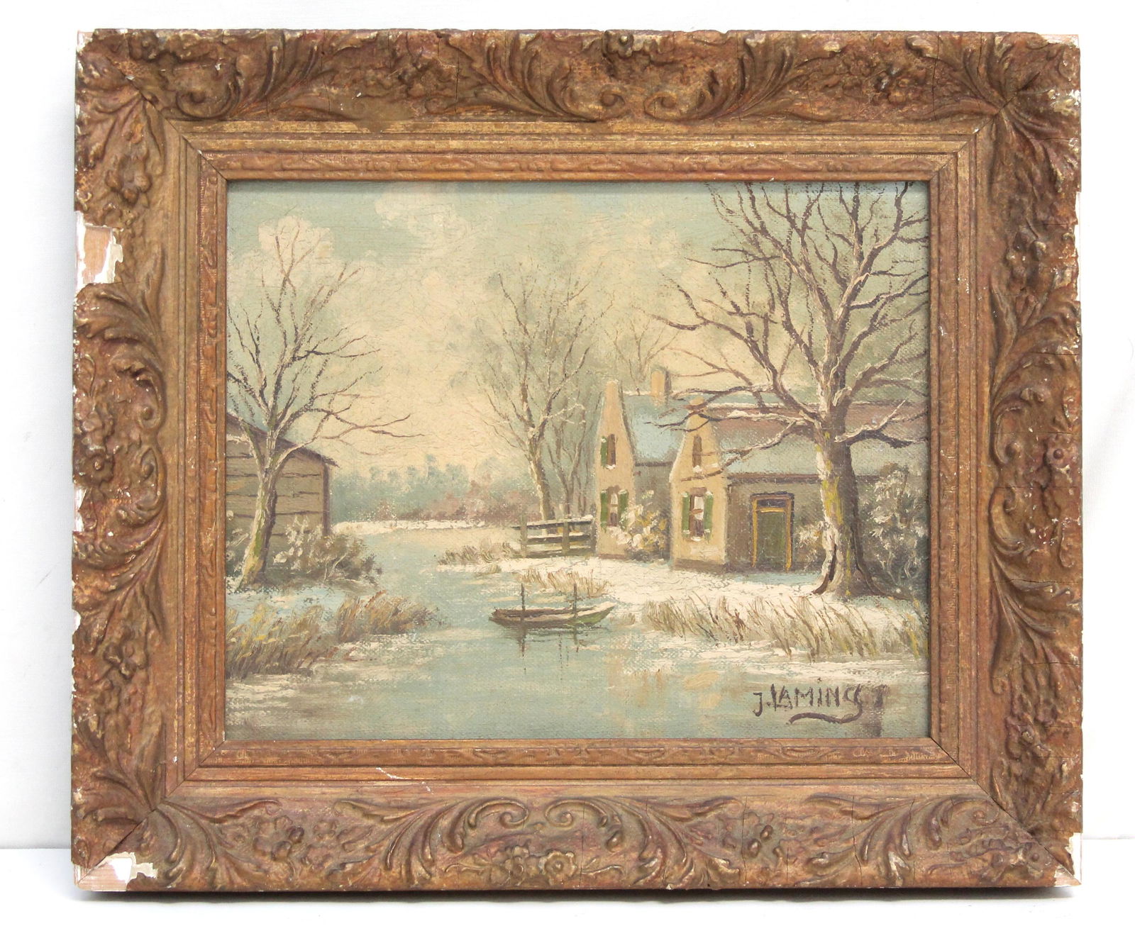 J LAMING OIL WINTER SCENE WITH HOUSE (1 of 6)