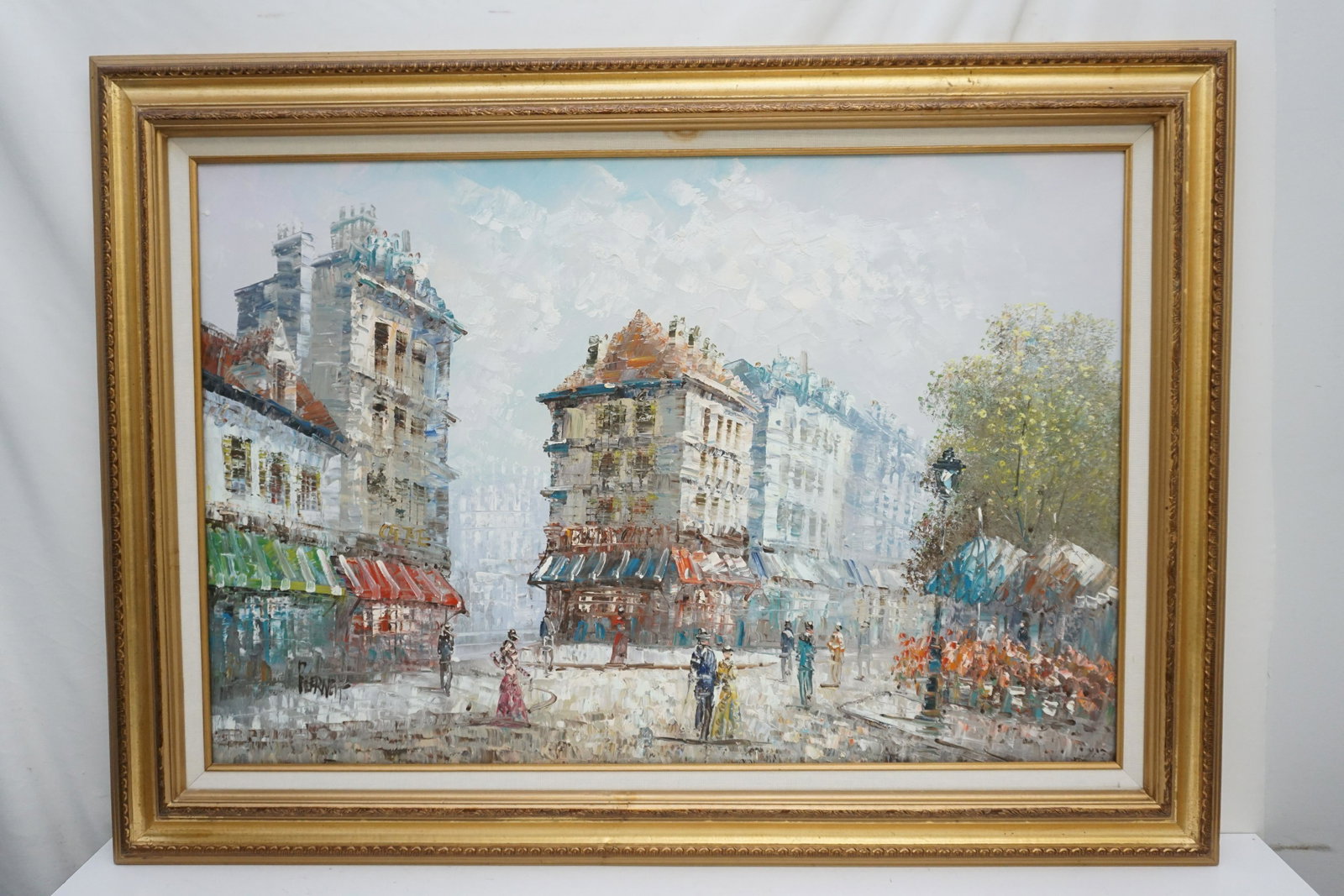 MCM PARIS STREET OIL ON CANVAS SIGNED: Large Mid Century Oil on Canvas Paris Street Scene. Impressionist, signed, signature illigible. In frame measures 44"x32"x2". Weight 10 pds. PROVENANCE: A Private Charleston SC Estate.Pickup only or S