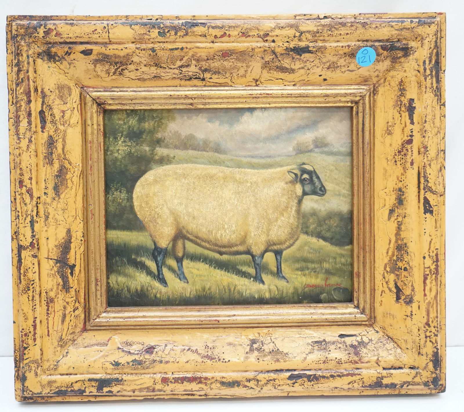 TREVOR JAMES OIL ON CANVAS SHEEP: Trevor James (American, 20th c.) Oil on Canvas Sheep. Signed lower right In Natural Wood distressed Frame. In frame measures 16.5"x17"x1.5". Weight 4 pds 1 oz. PROVENANCE: A Charleston SC Private Esta