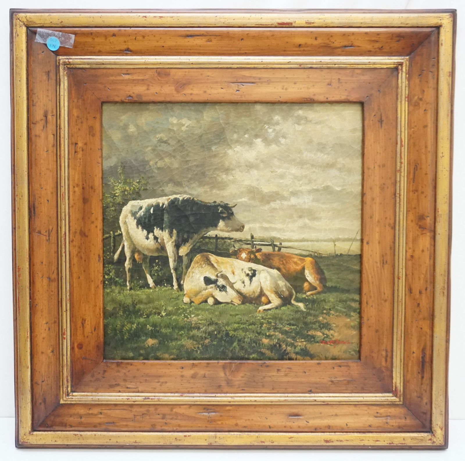 TREVOR JAMES OIL ON CANVAS COWS IN FIELD: Trevor James (American, 20th c.) Oil on Canvas Cows in Field. In Natural Wood Frame. In frame measures 26.5"x26"x1 1/2". Weight 10 pds 8 oz. PROVENANCE: A Charleston SC Private Estate.