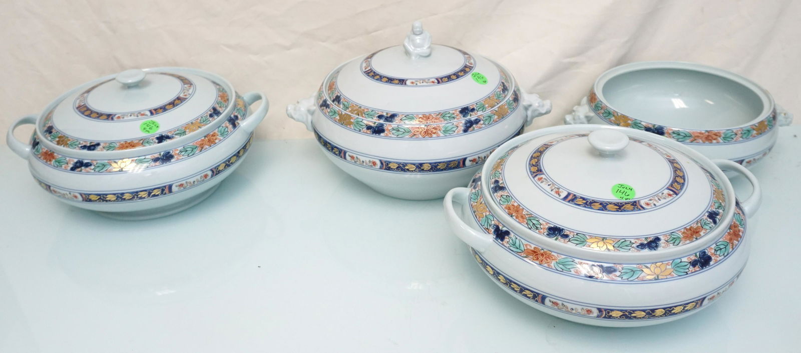 4 RAYNAUD LIMOGES KOUTANI (CELADON) COVERED TUREENS / VEGETABLES: Four (4) Scarce and Hard to Find Raynaud Limoges France "Koutani" (Celadon Background) Covered Vegetables, Tureens. 1 with Buddha Finials and Doo Dog Handles 9"x12"x7" and 1 without lid 10"x8 1/2" x3