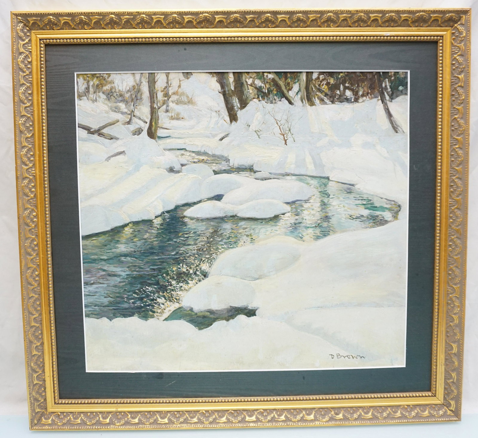 WINTER LANDSCAPE OIL ON BOARD D. BROWN: Winter Landscape with Stream Oil on Artist Board signed lower right D. Brown. Professionally framed. In frame measures 27"x26"x1". Weight 5 pds. PROVENANCE: A Private Charleston SC Estate.