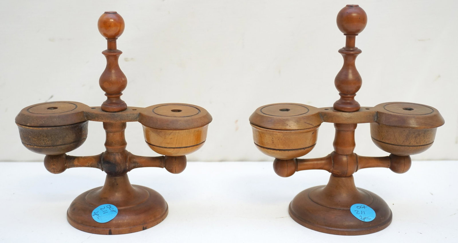 2 ANTIQUE FRENCH TREEN DOUBLE SALTS: Pair of Antique Rare French 19th c nicely turned Wood Double Salts. Each 5 1/2"x3 2/8"x6 1/4". Weight 10 oz. PROVENANCE: A Private Charleston SC Estate.