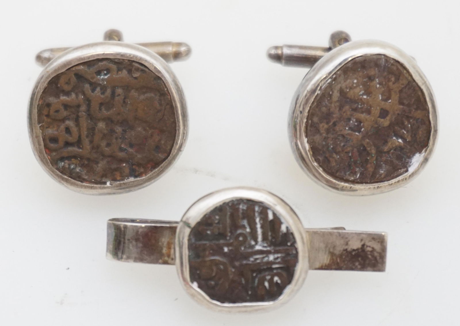 ANCIENT PERSIAN SILVER COIN CUFFLINKS + TIE BAR (1 of 4)
