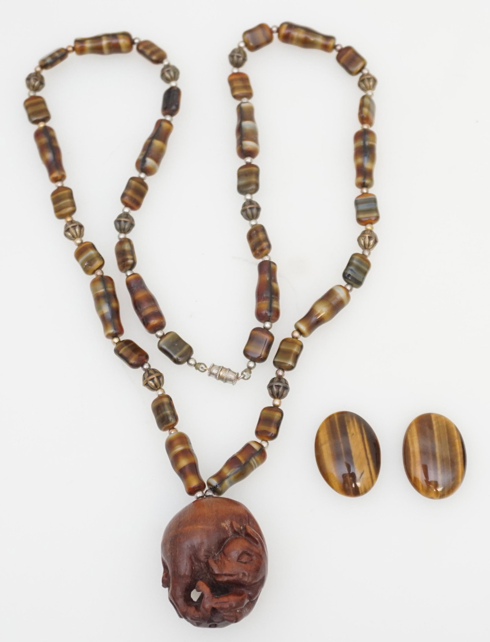 CHOCOLATE JASPER & PIG NESTSUKE NECKLACE & TIGER EYE CABS (1 of 5)