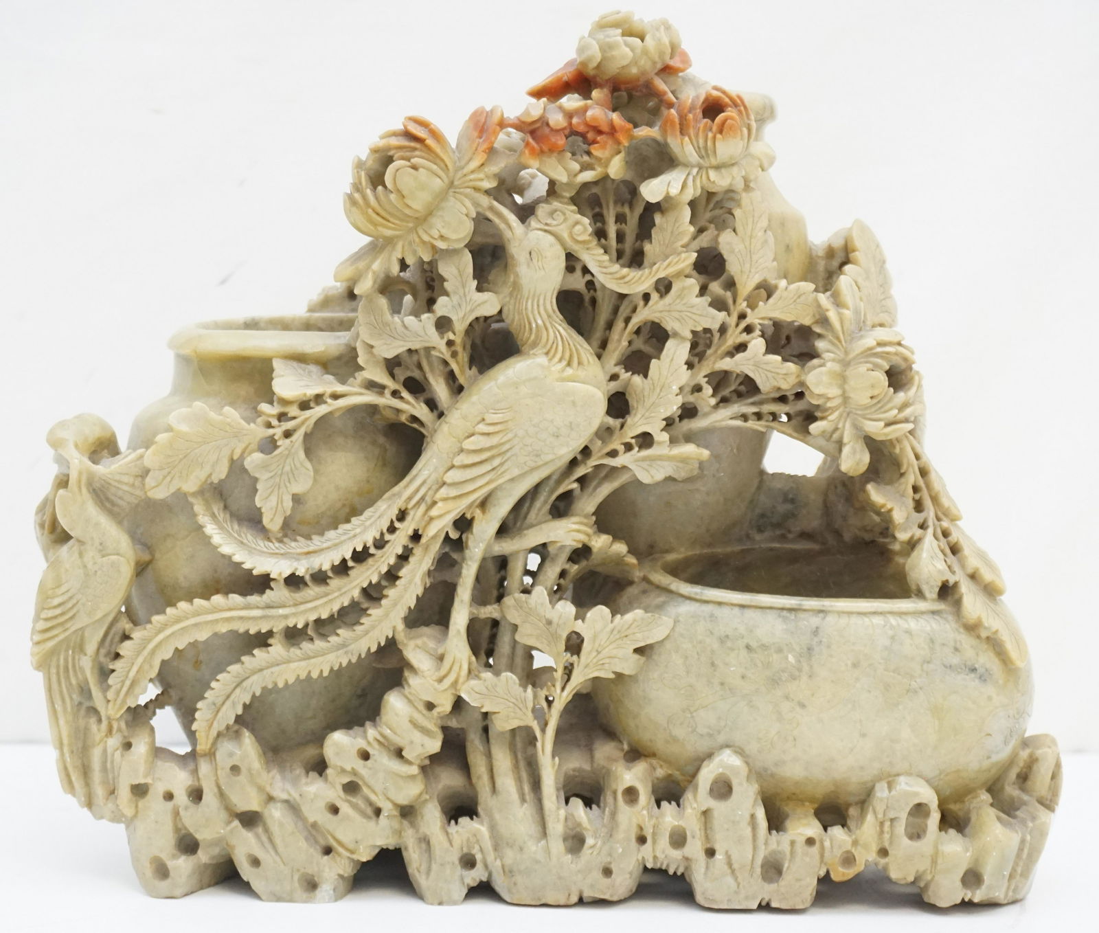 CHINESE ORNATE CARVED SOAPSTONE BRUSH POT / VASE (1 of 10)