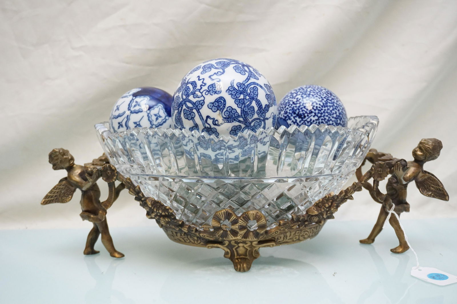 BRASS & GLASS CHERUB CENTERPIECE W CARPET BALLS (1 of 10)